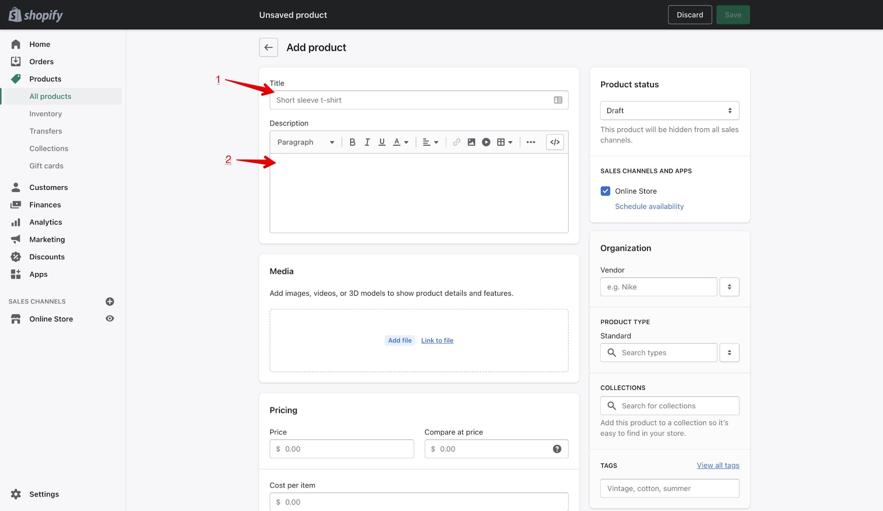 Shopify product title and description