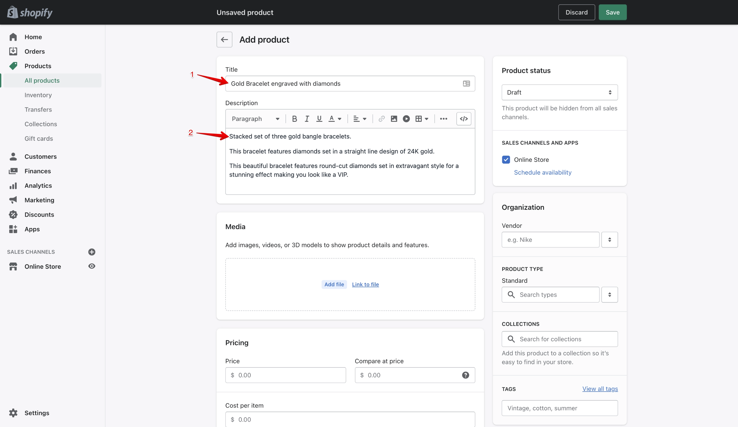 Shopify product title and description with data
