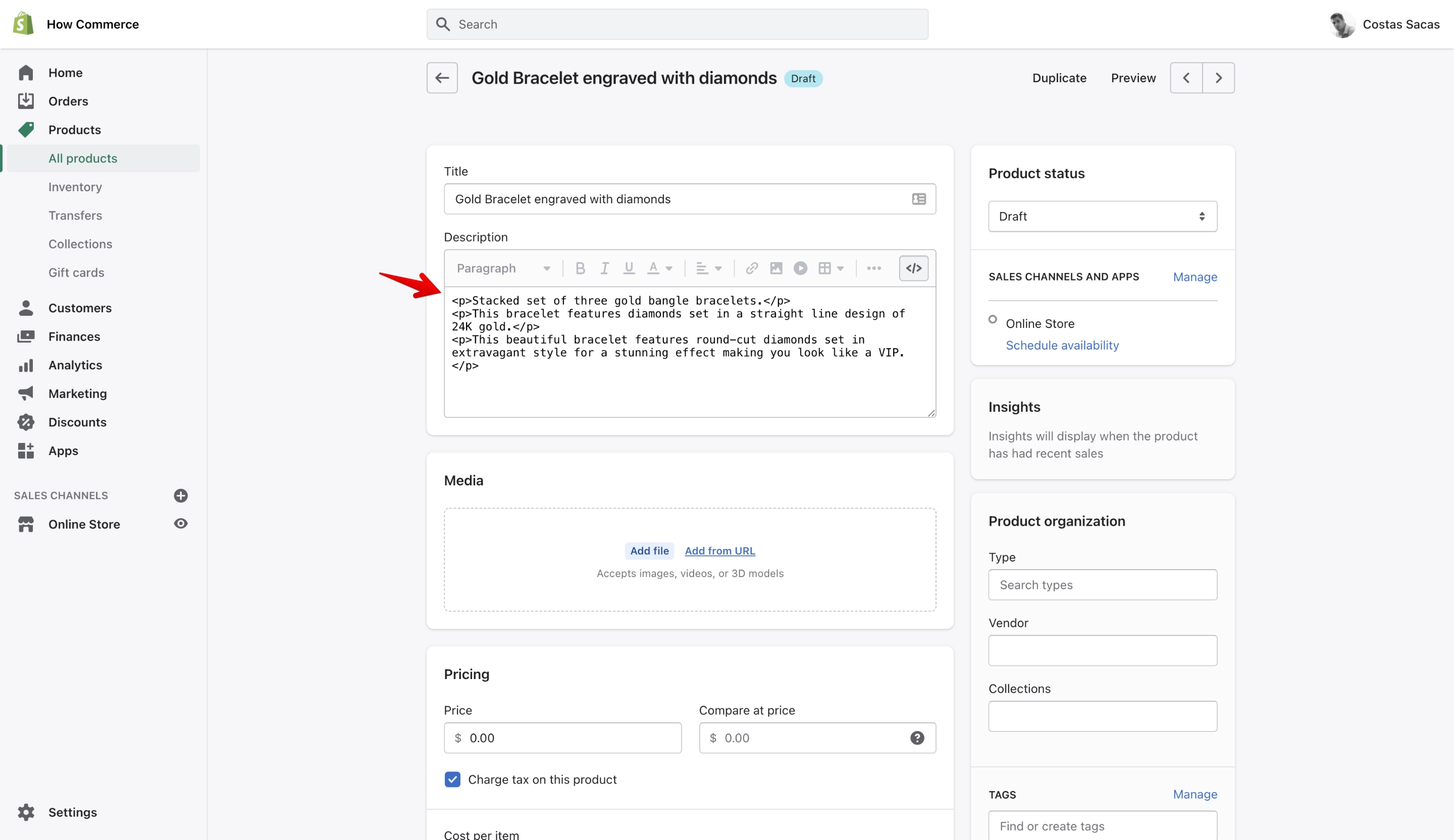 Shopify product description in code view