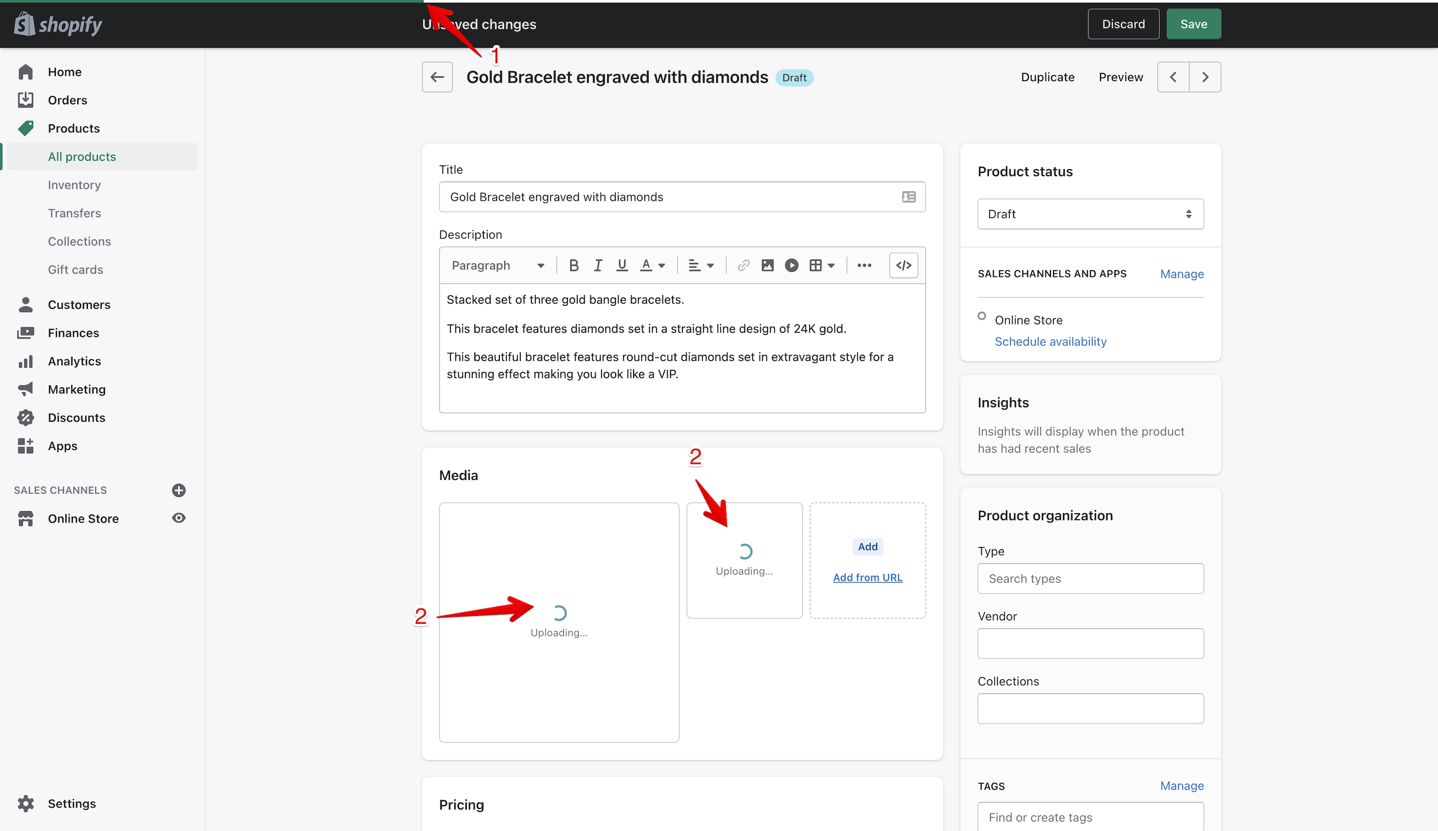 Shopify product media upload progress bar