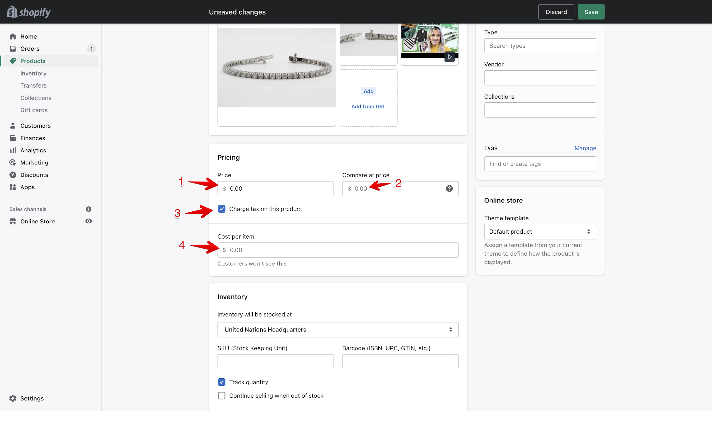 Shopify product pricing section