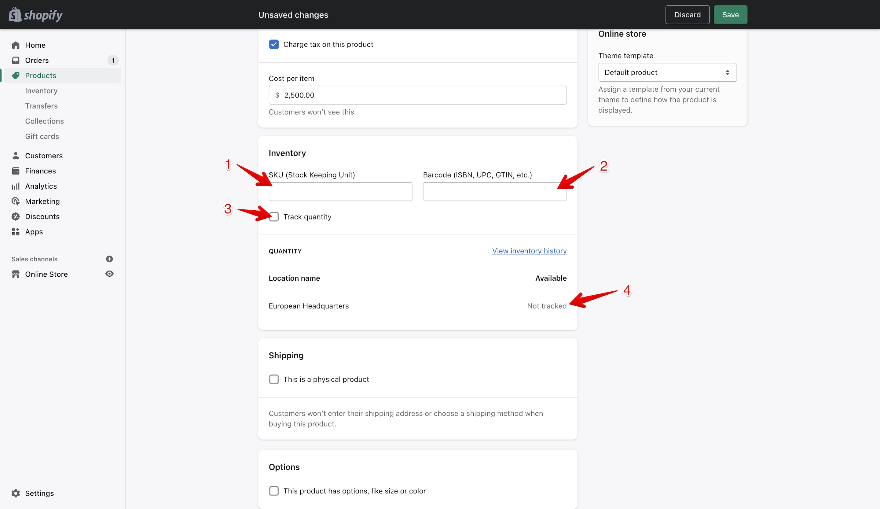 Shopify product inventory section