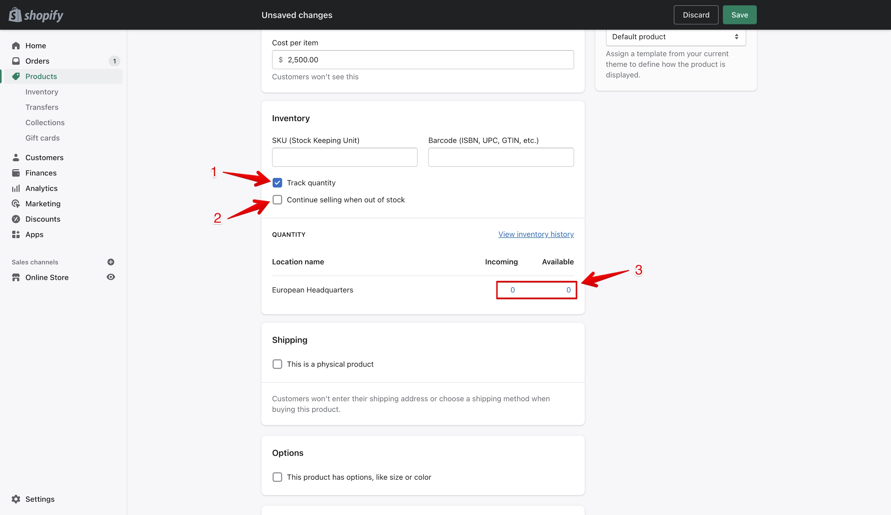 Shopify product inventory section with track quantity enabled