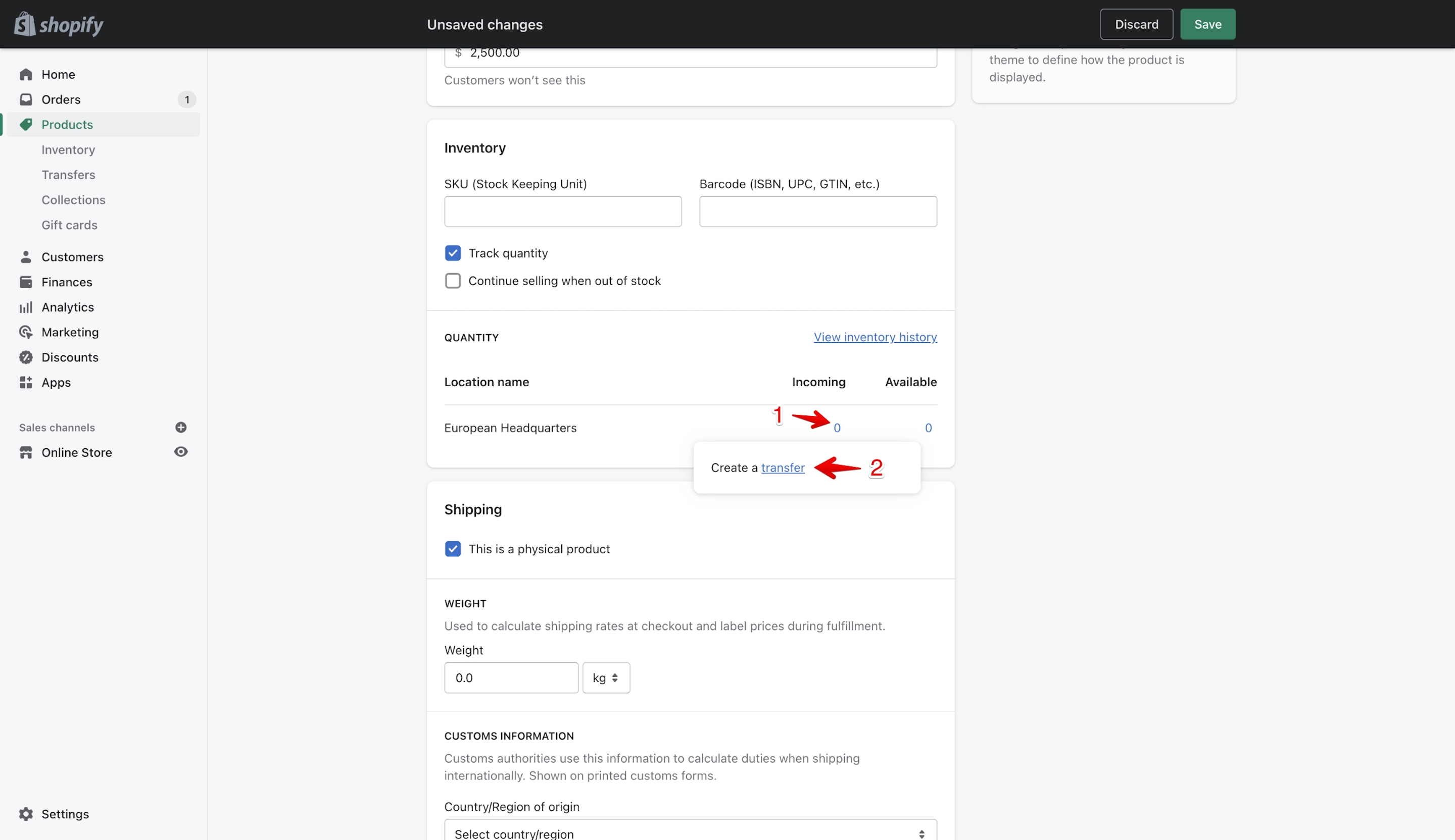 Shopify product transfers pop-up