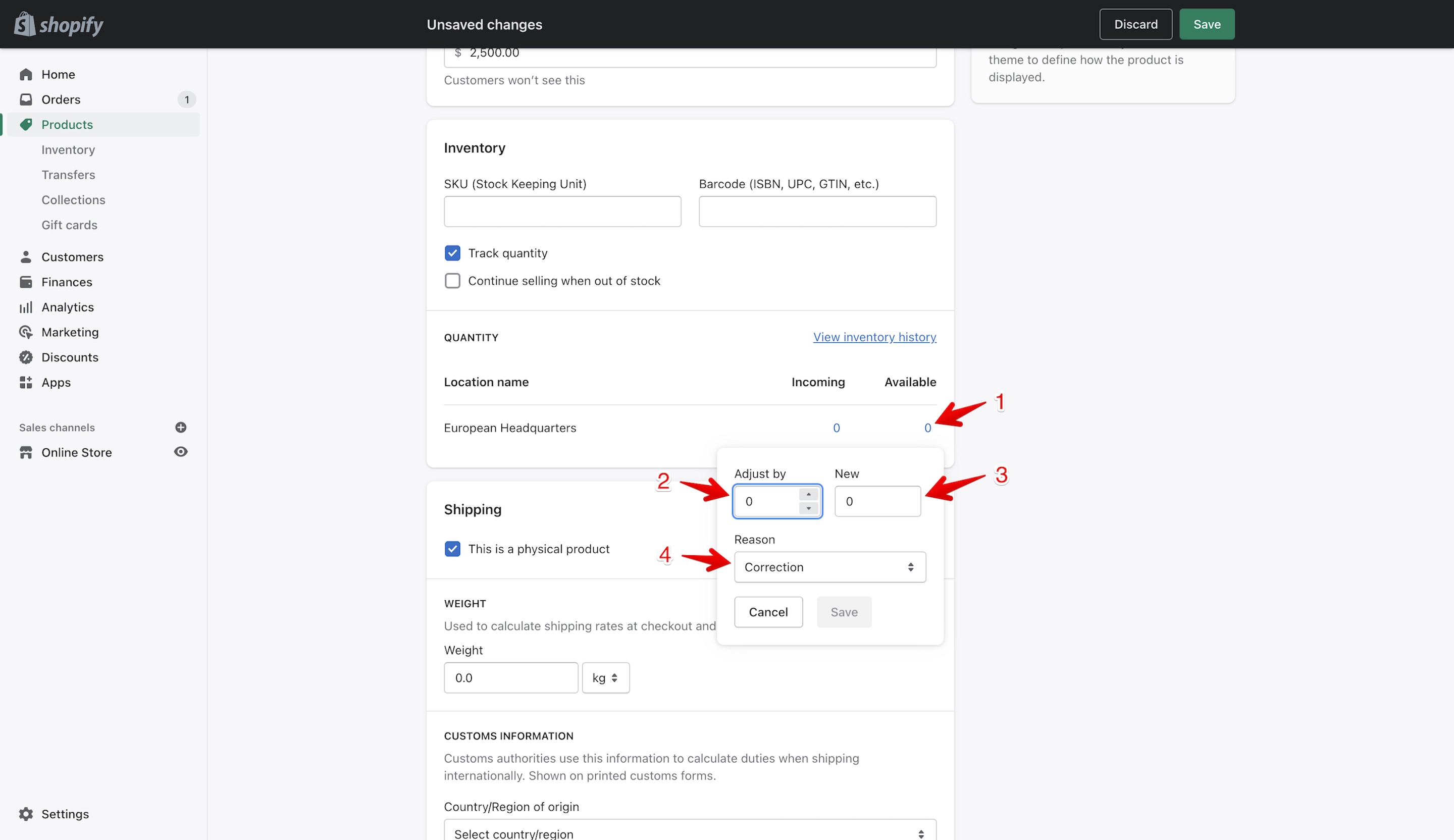 Shopify product inventory section quantities pop-up