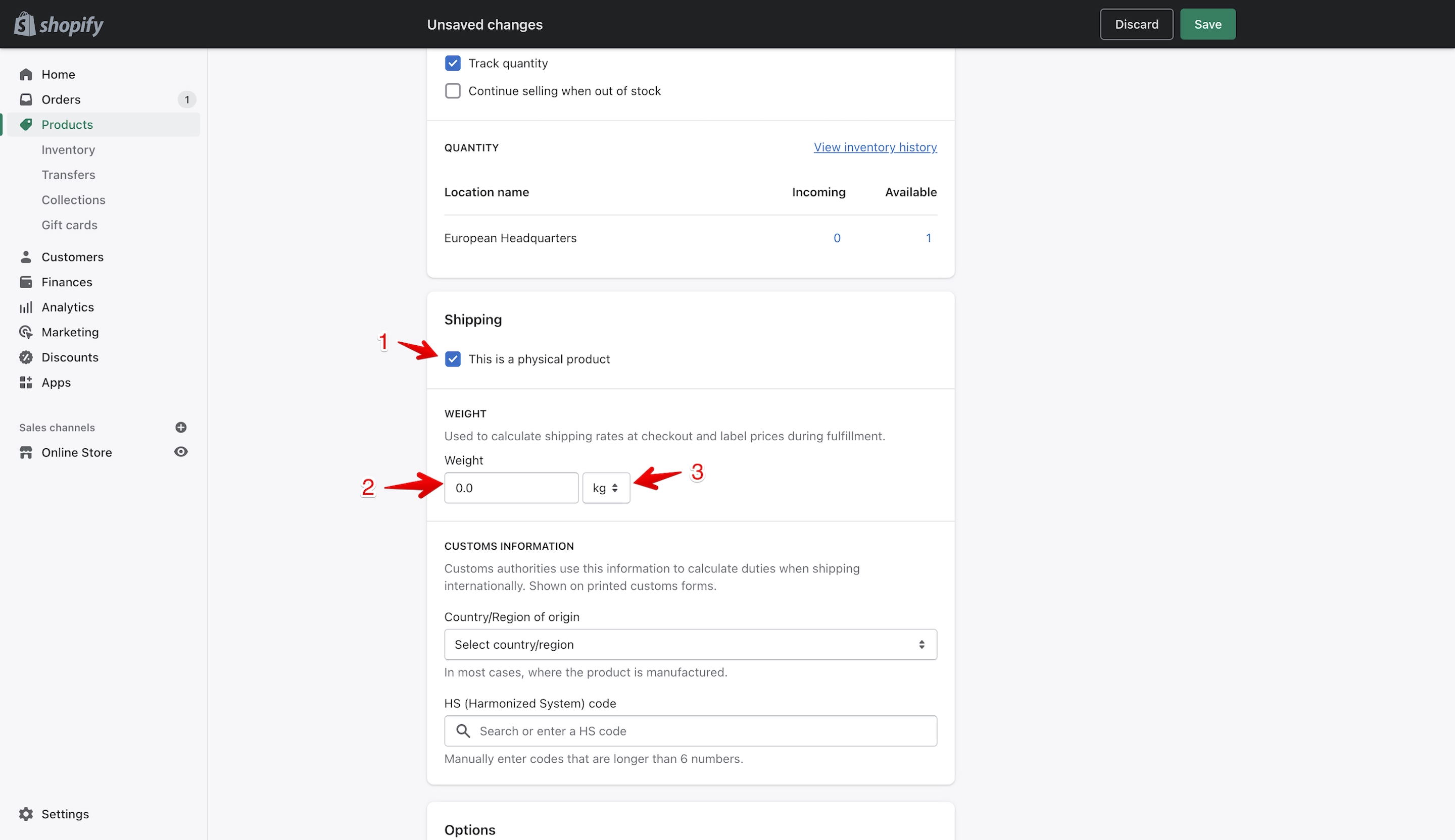 Shopify product shipping section