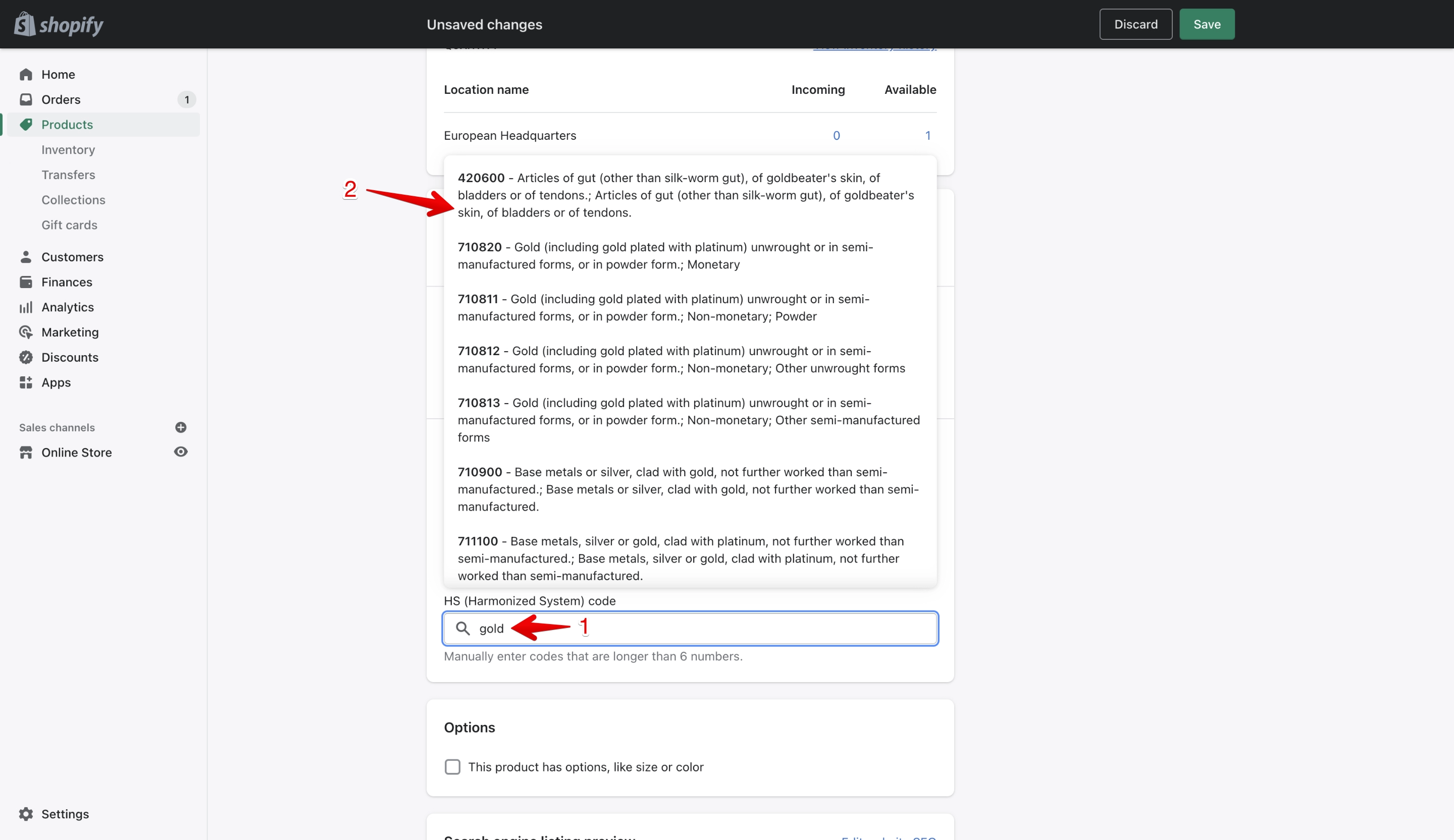 Shopify product harmonized code