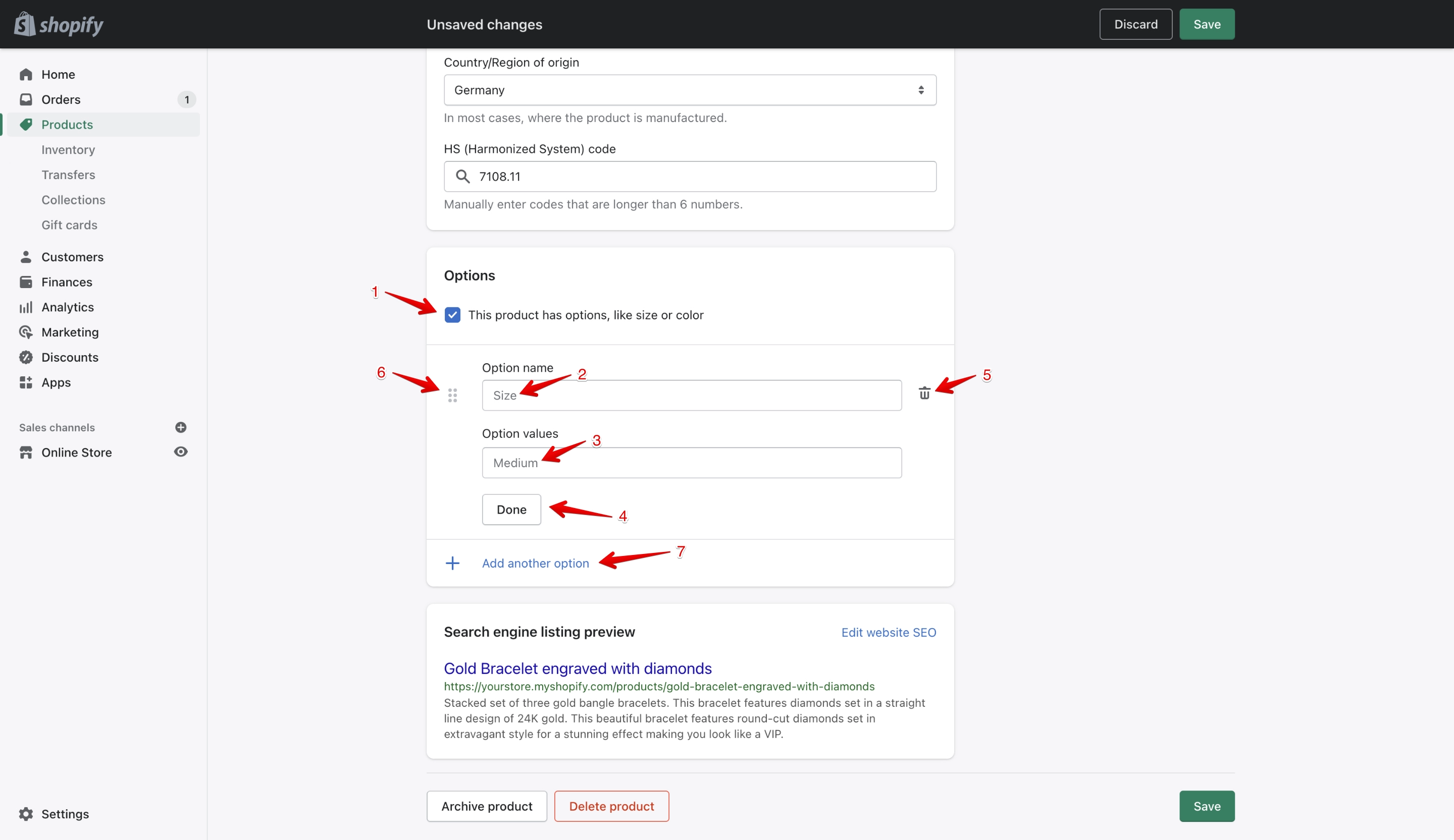 Shopify product option section