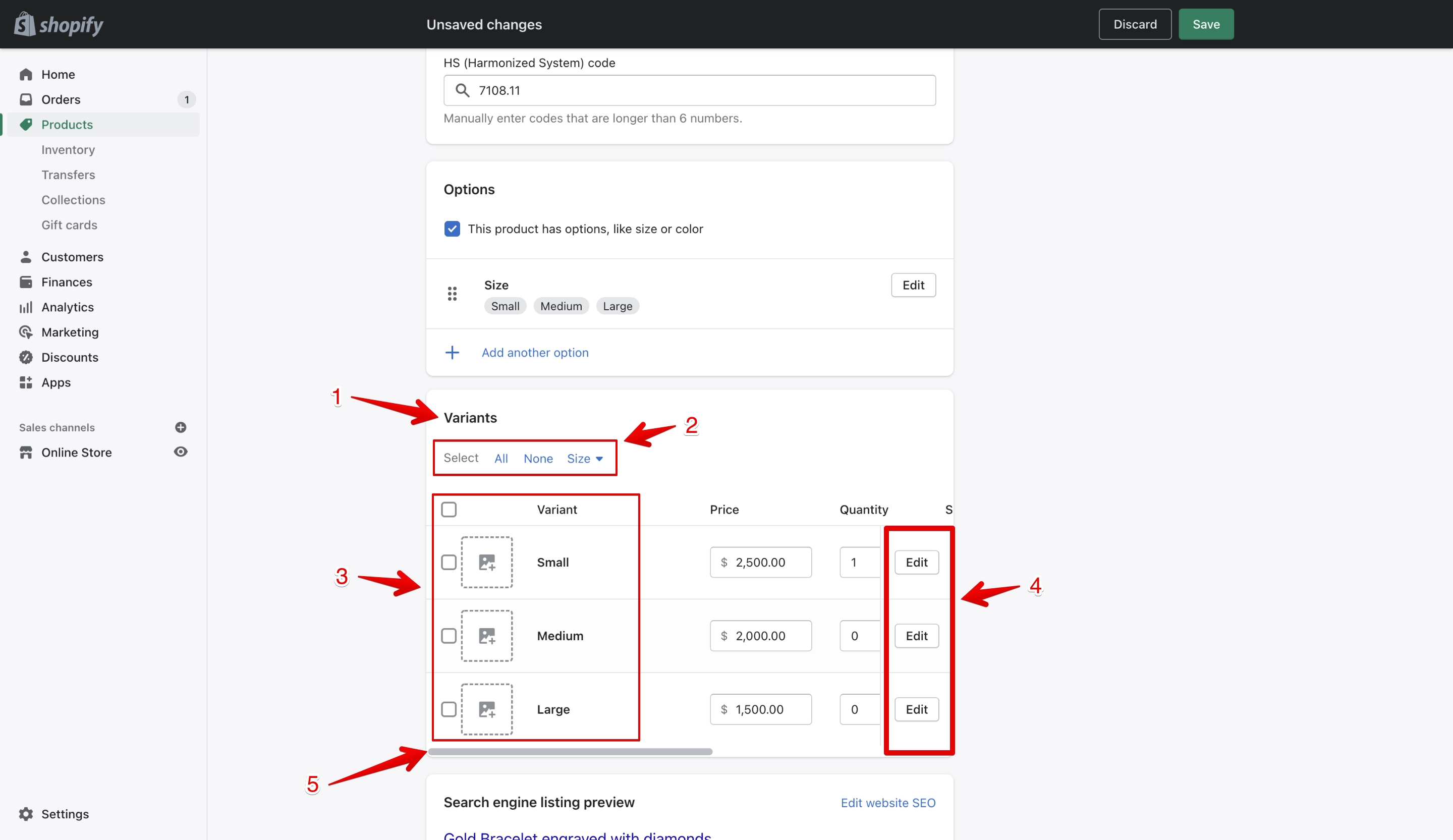 Shopify product variants section