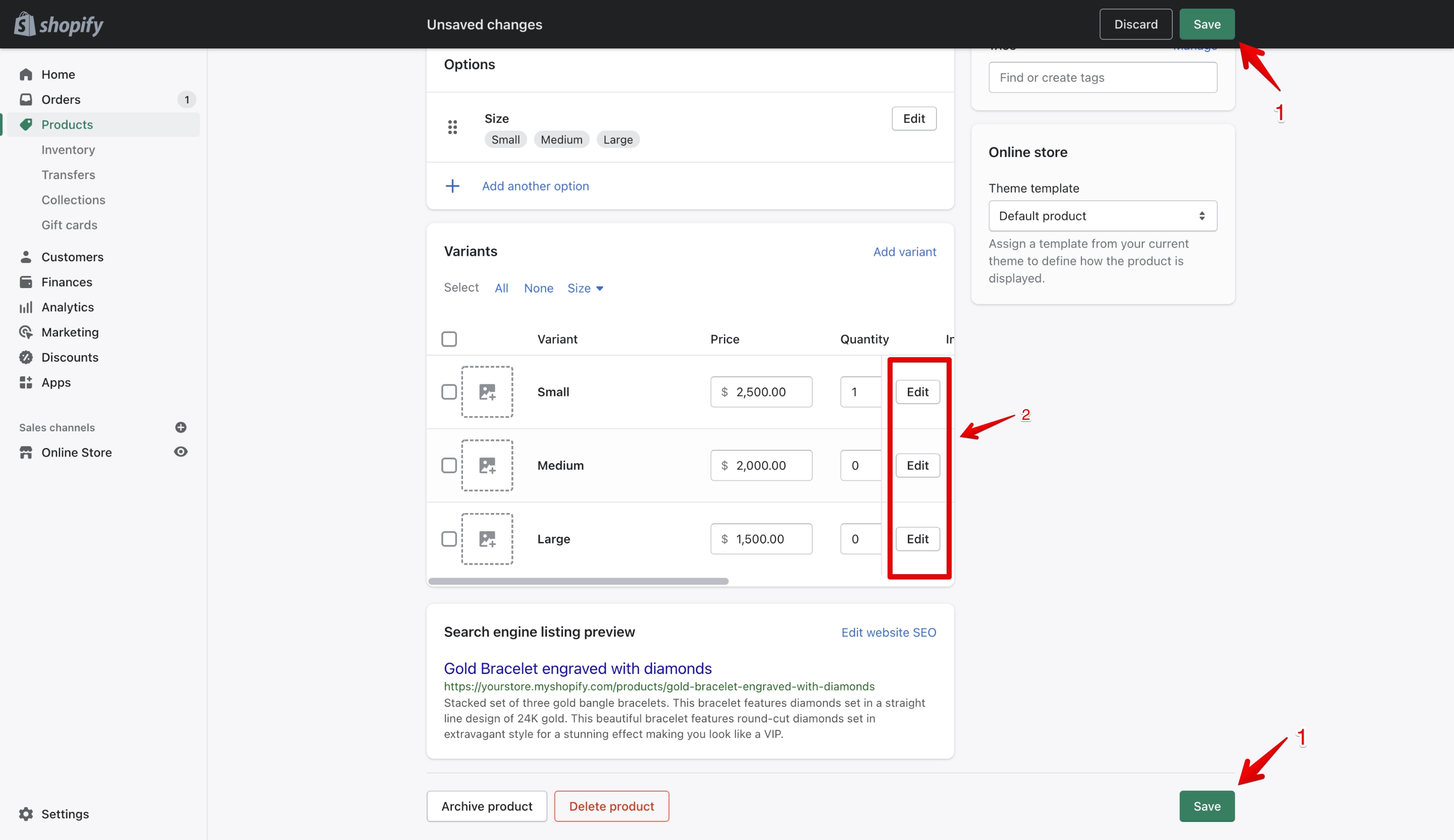 Shopify product variant save settings