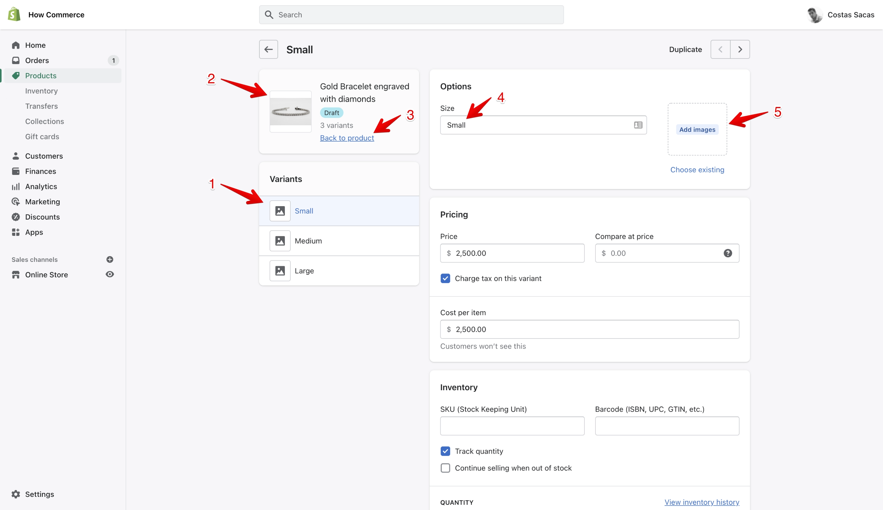Shopify product variant edit page