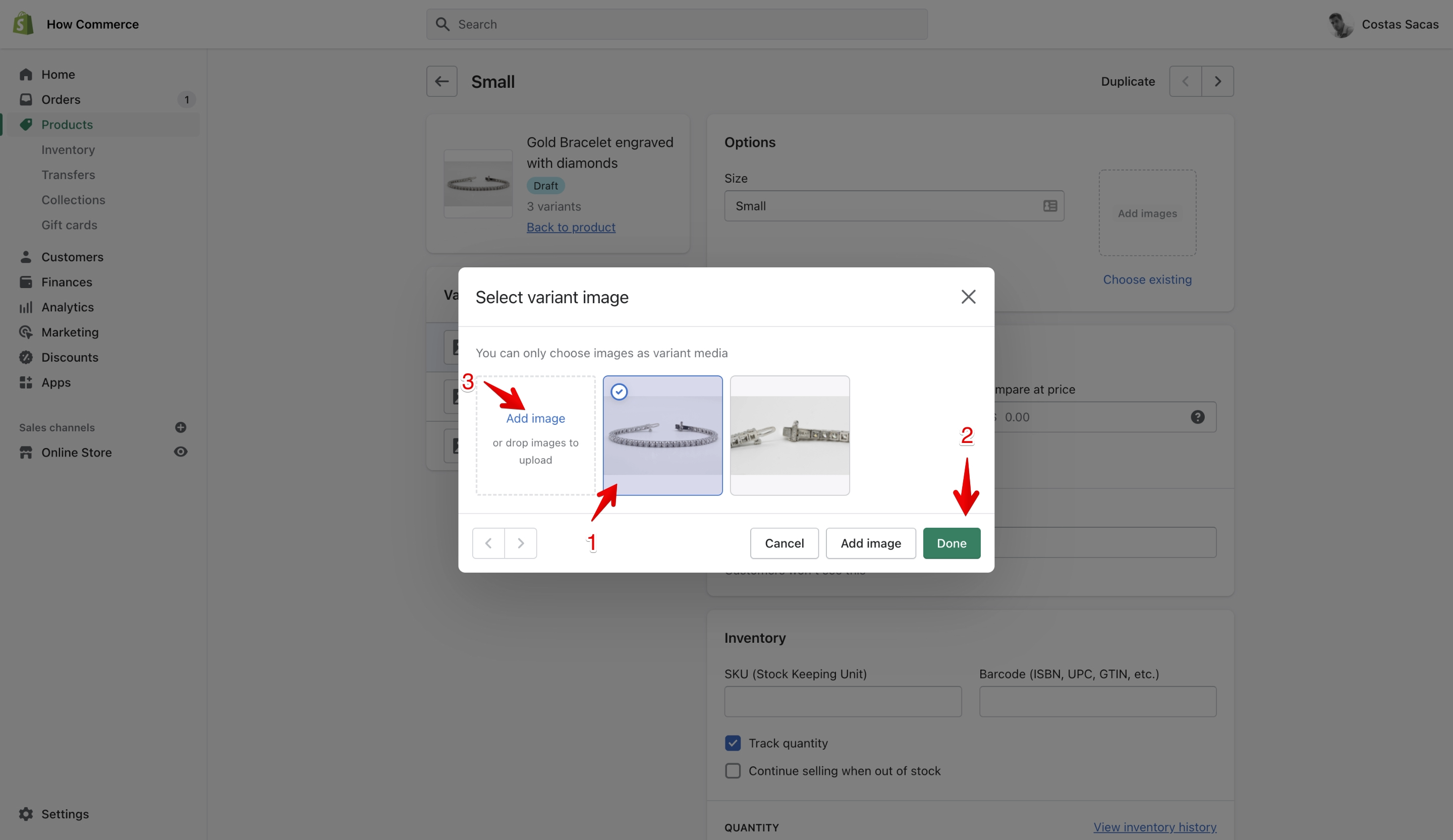 Pop-up with options to select a product variant image.