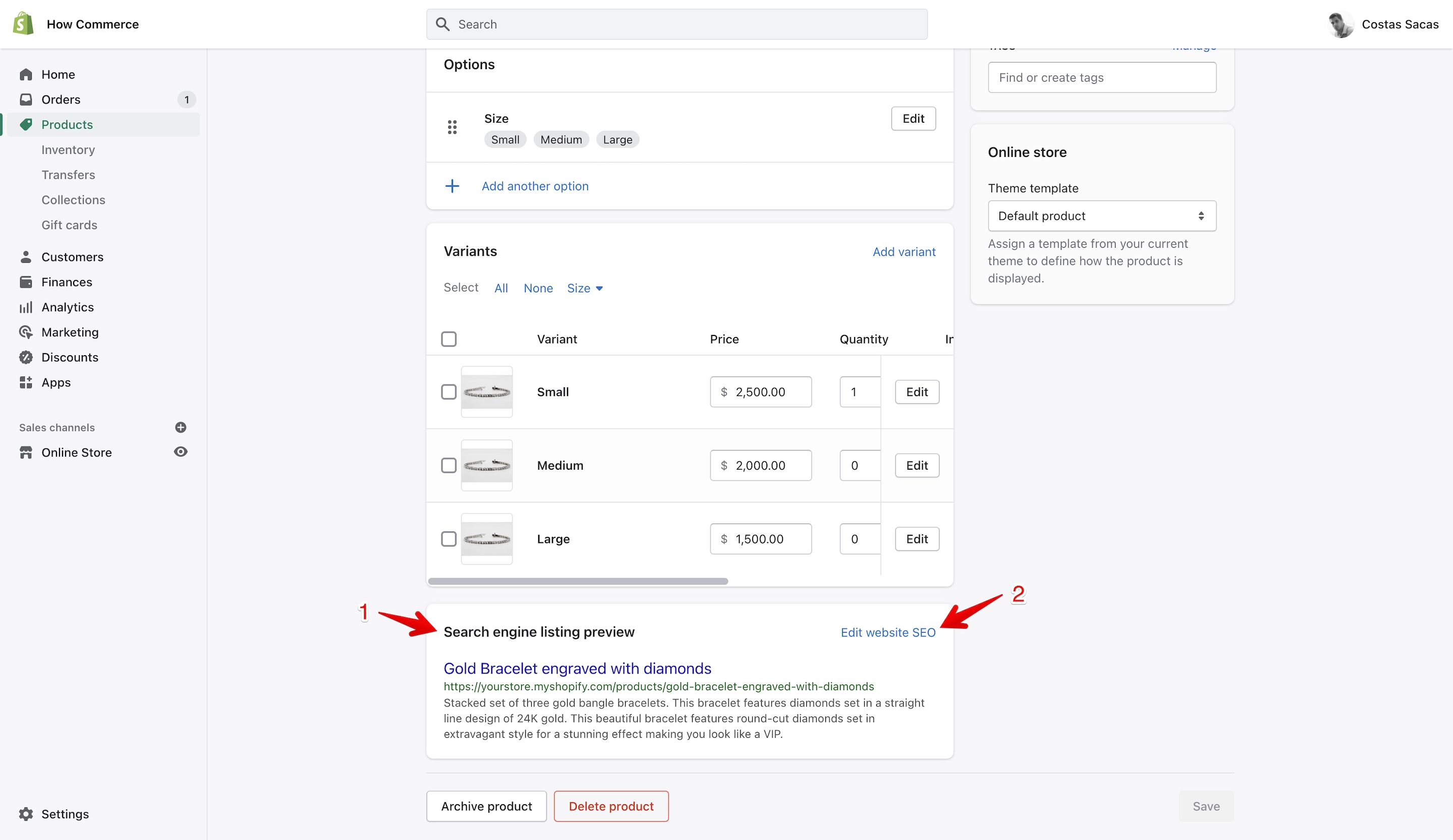 Shopify product SEO section