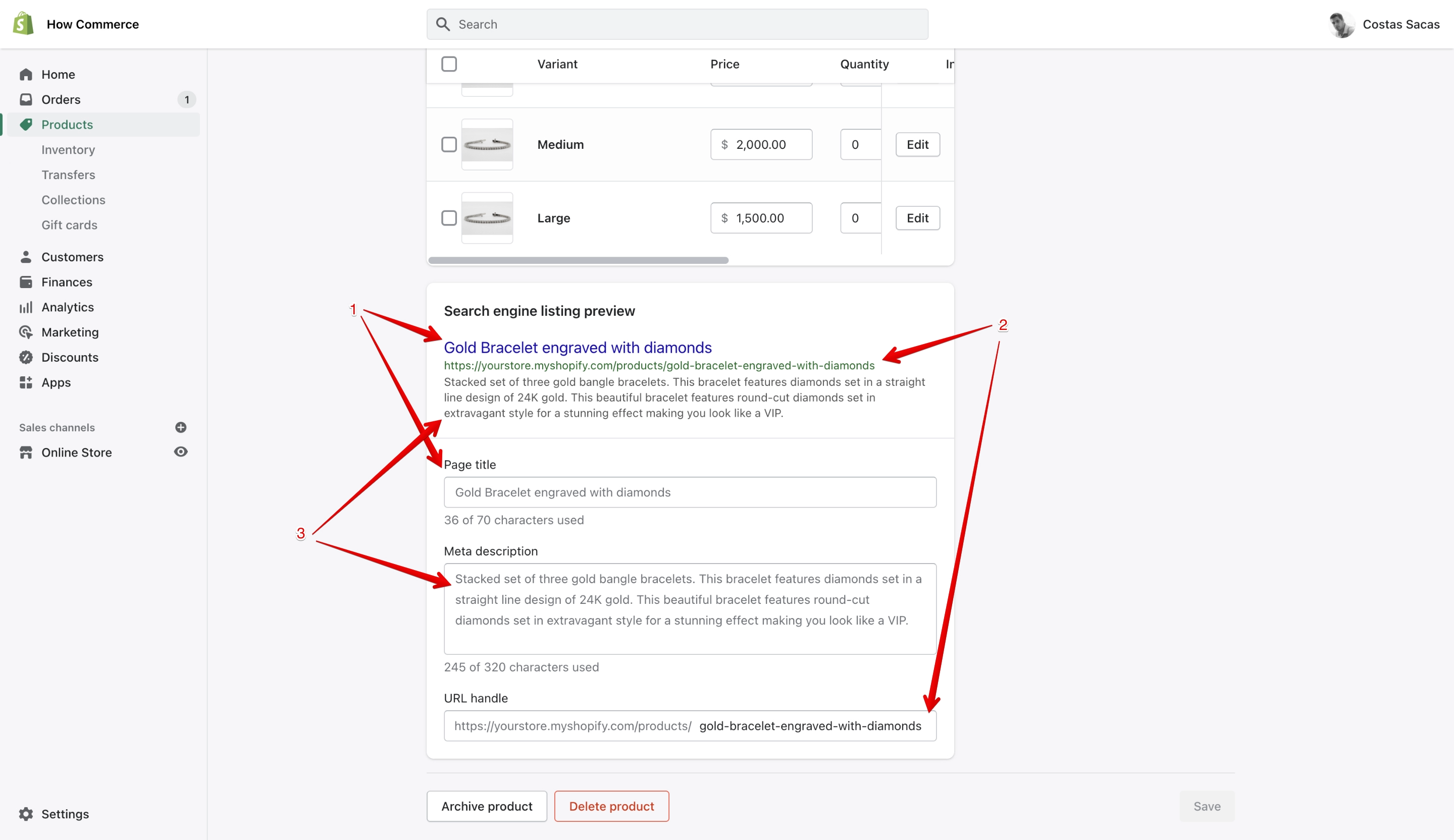 Shopify product SEO section editing