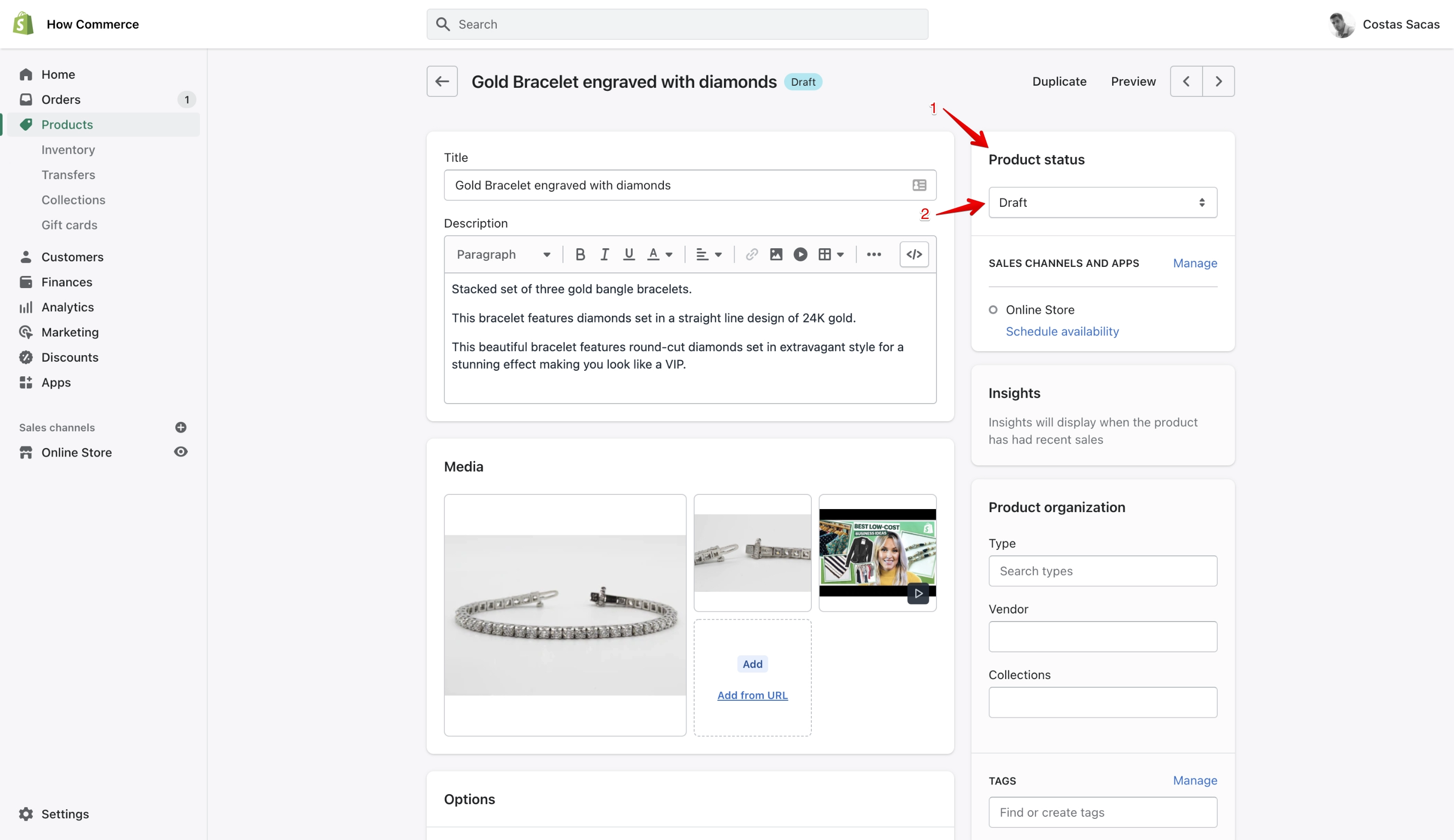 Shopify product status section
