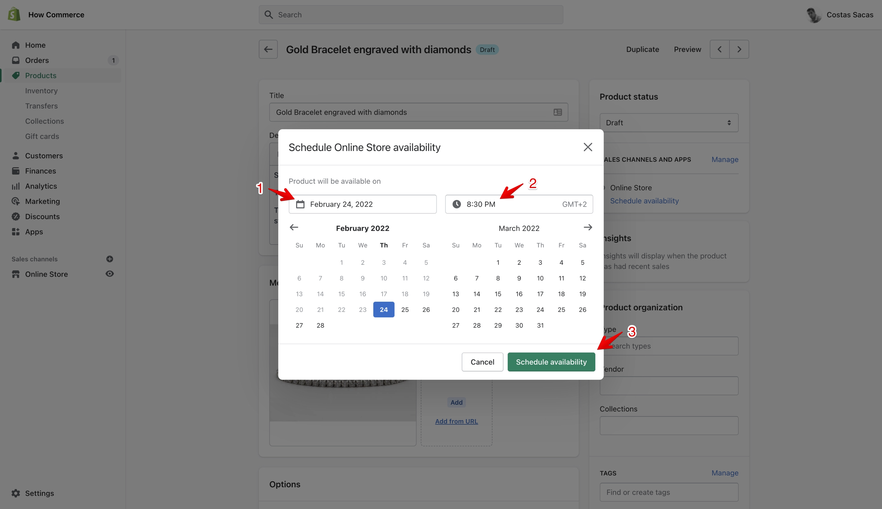 Shopify 'Sales channels' schedule availability pop-up