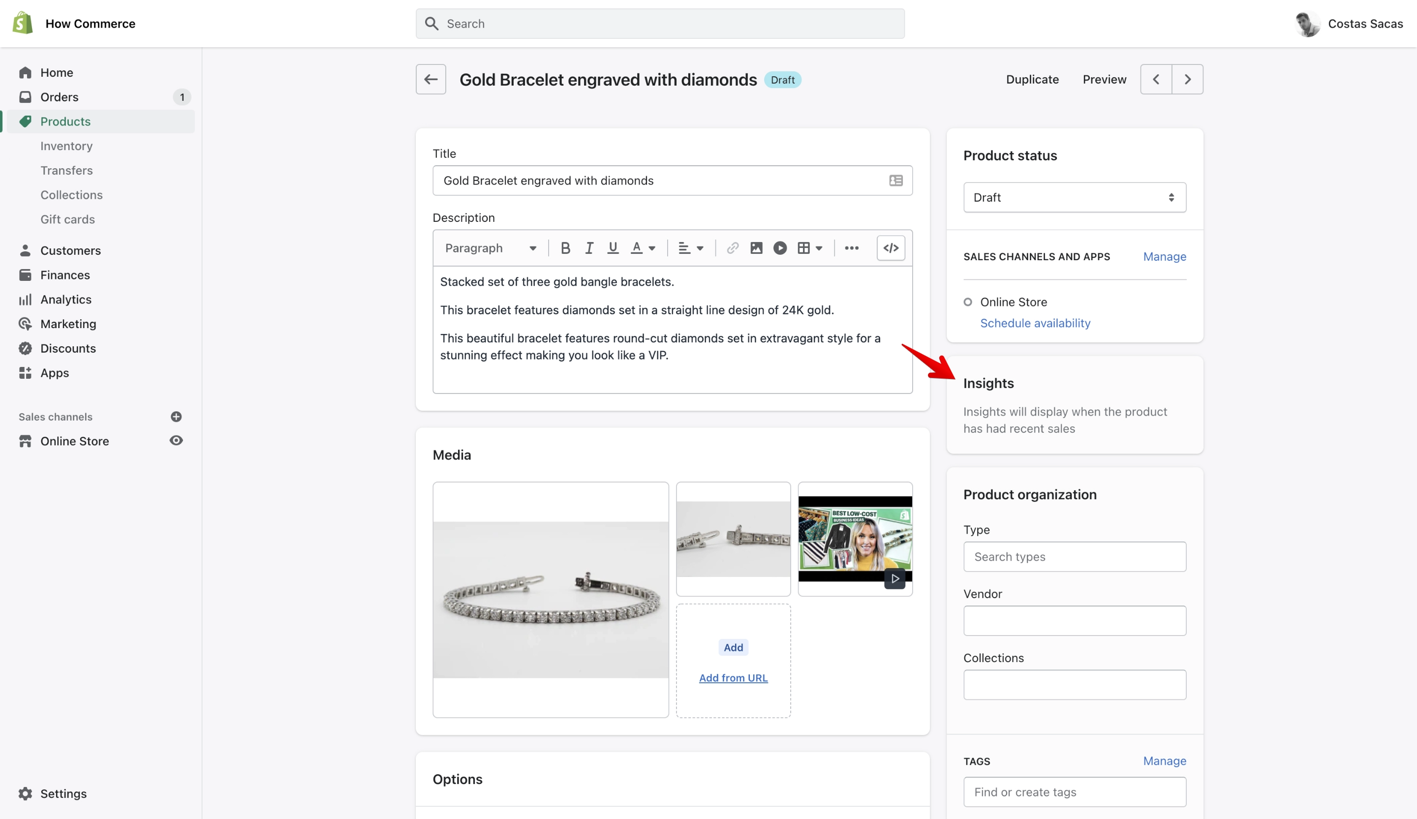 Shopify product page 'Insights' section
