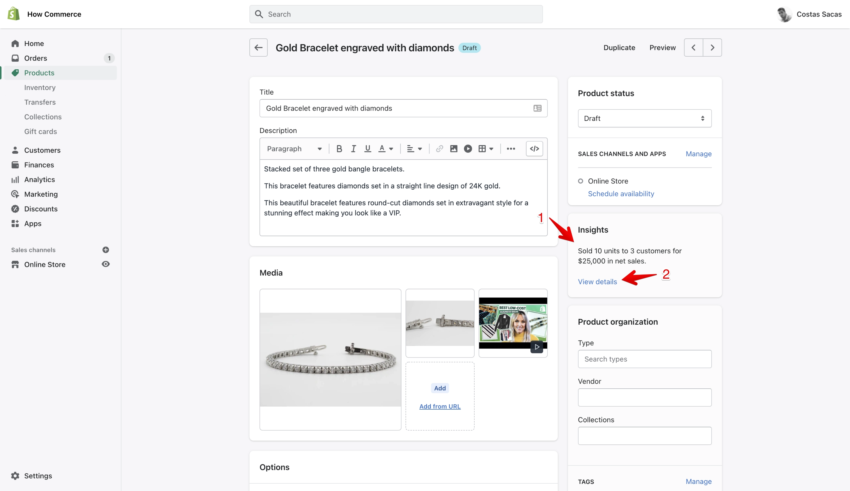 Shopify product page 'Insights' section populated with analytics data