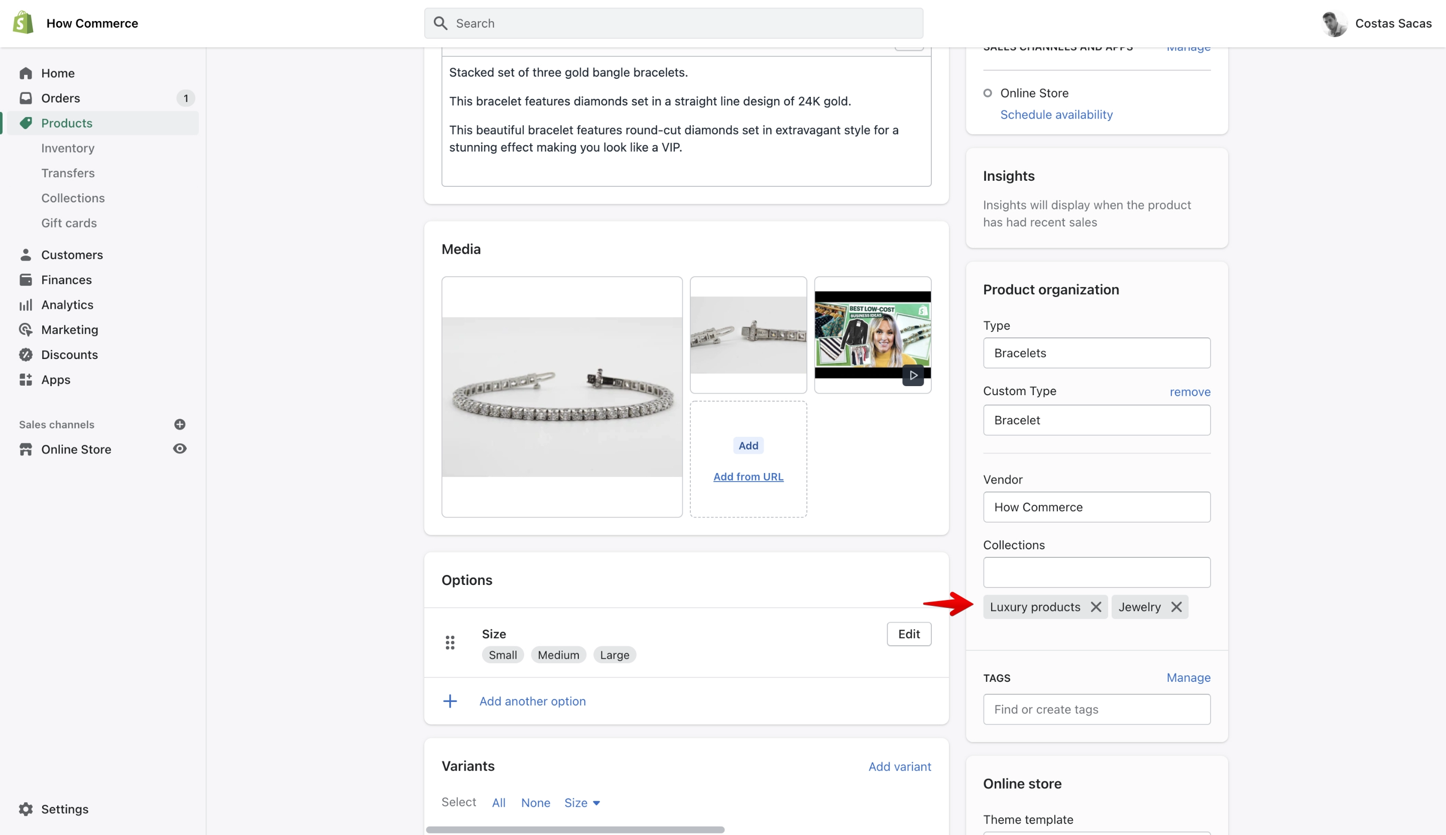 Shopify collection listing on product edit page