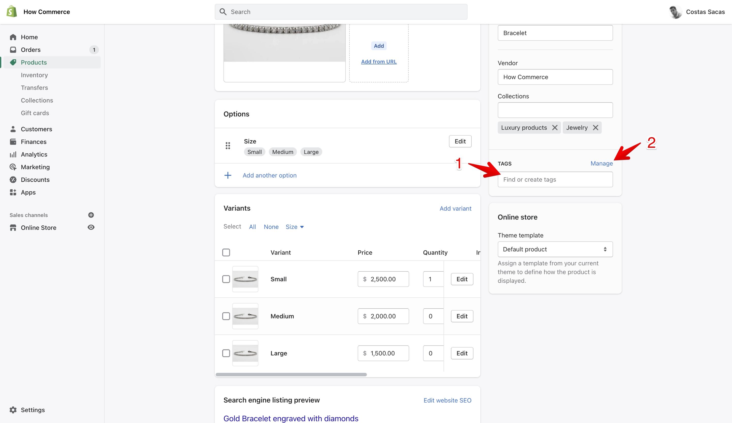 Shopify tags section on product edit page