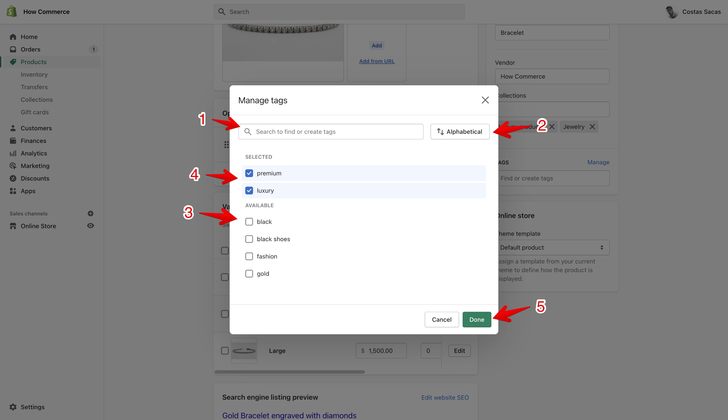 Shopify tags pop-up on product edit page