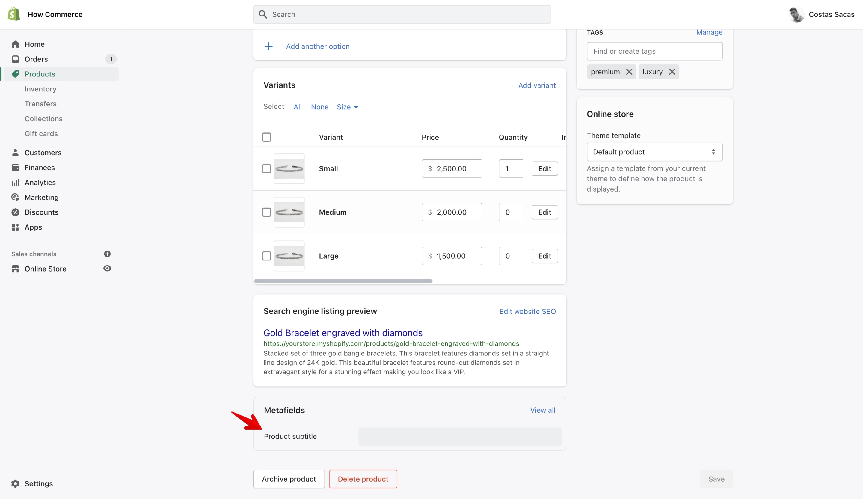 Shopify product metafield section