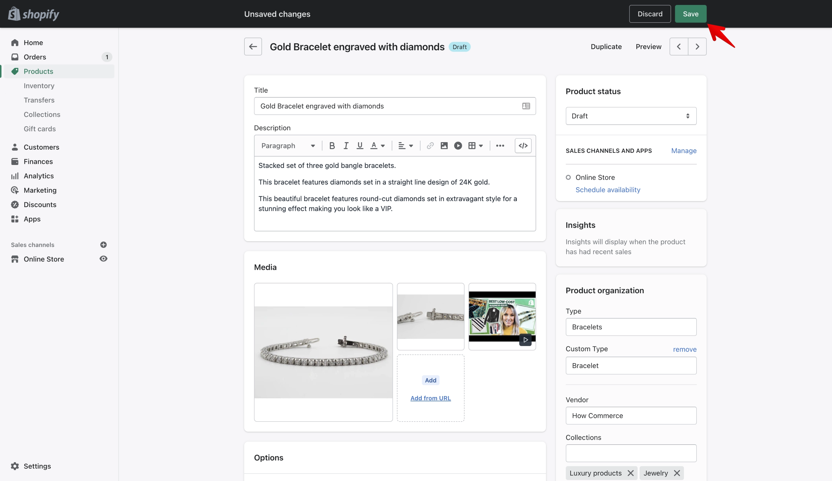 Shopify product save changes to save your data.