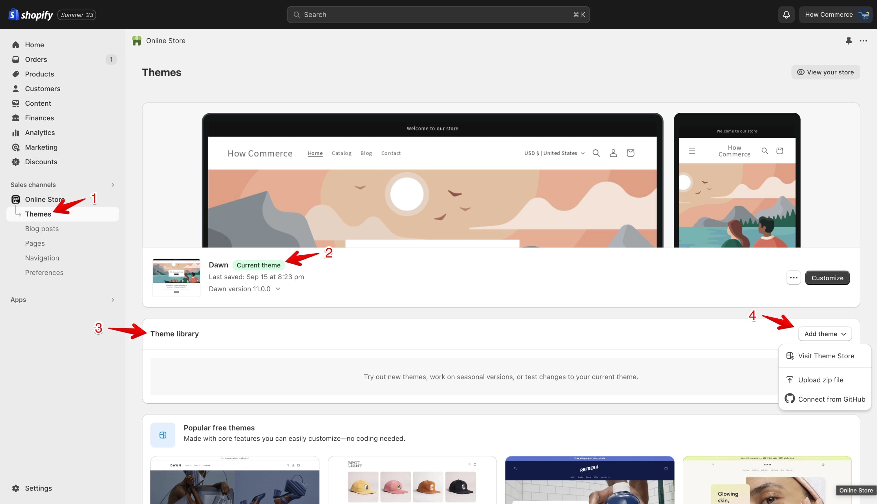 Shopify Themes page showing Current theme and Theme library section with Add theme button