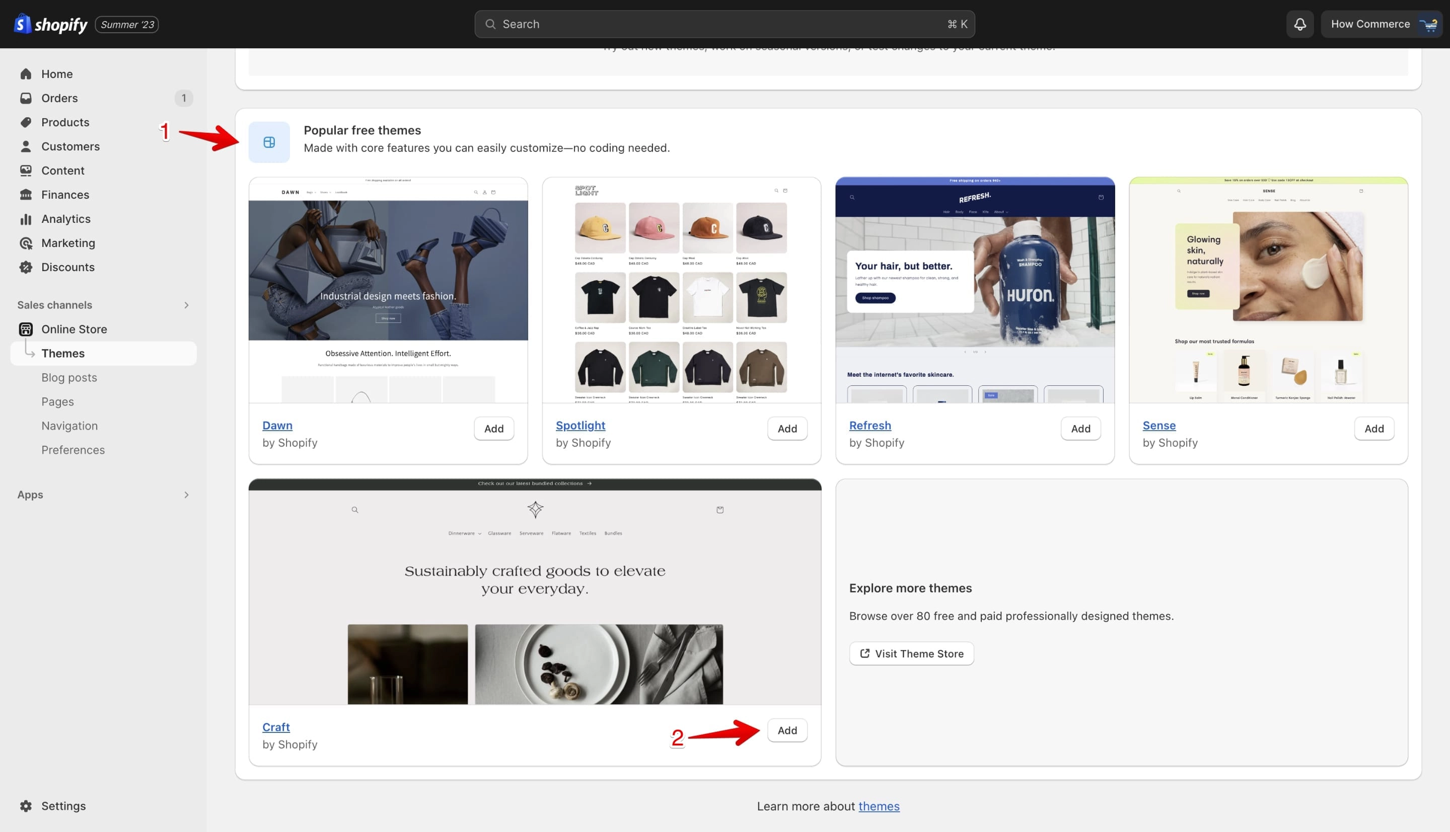 Popular free themes section in Shopify showing theme options and Add button