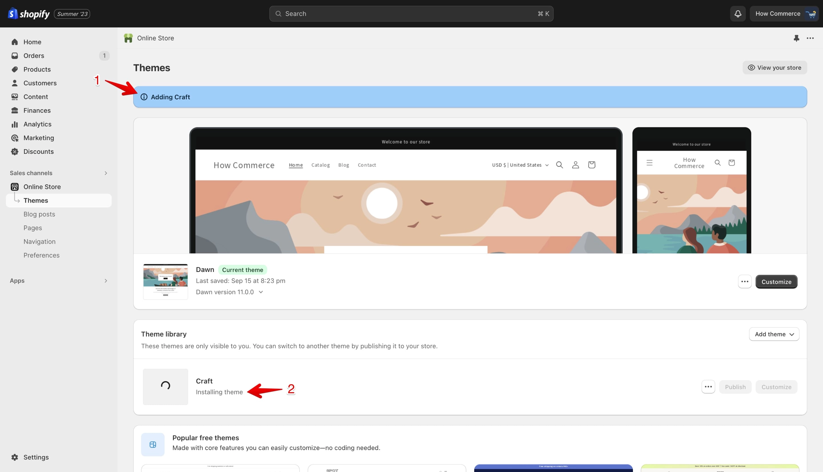 Theme installation in progress showing Installing theme message in Theme library