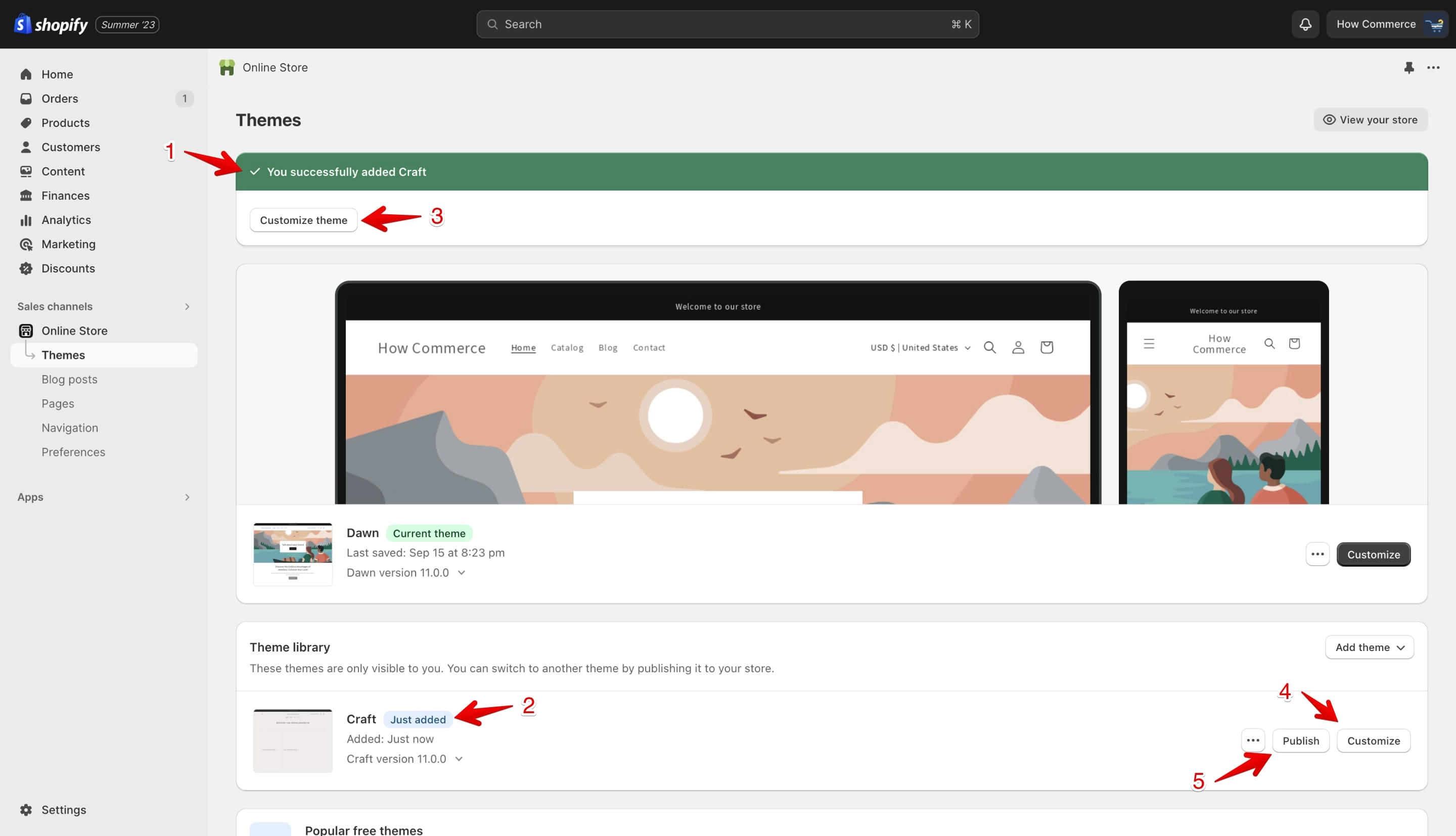 Craft theme added to Theme library showing Just added badge, Customize, and Publish buttons