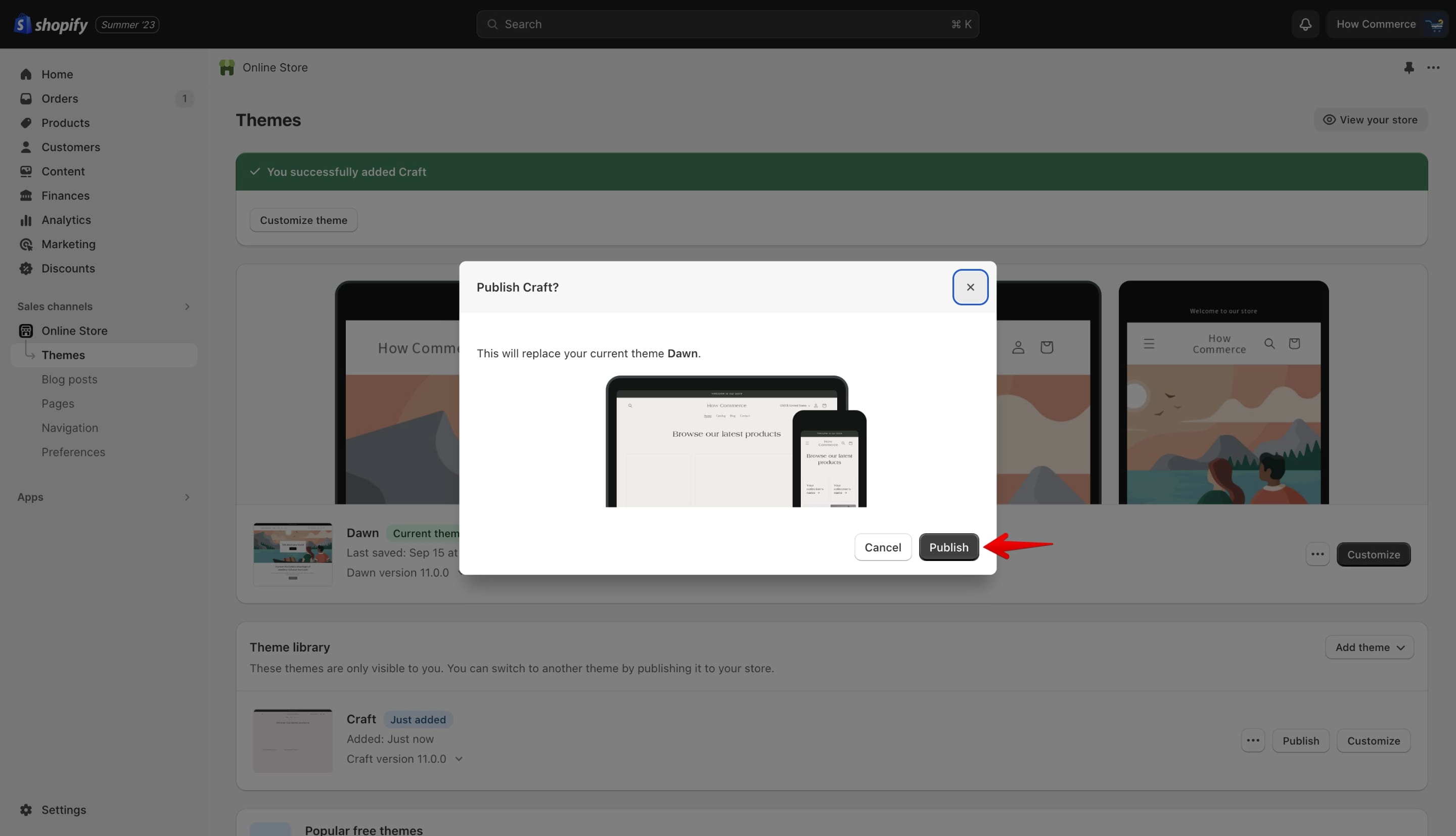 Publish theme confirmation popup asking to confirm publishing Craft theme to live