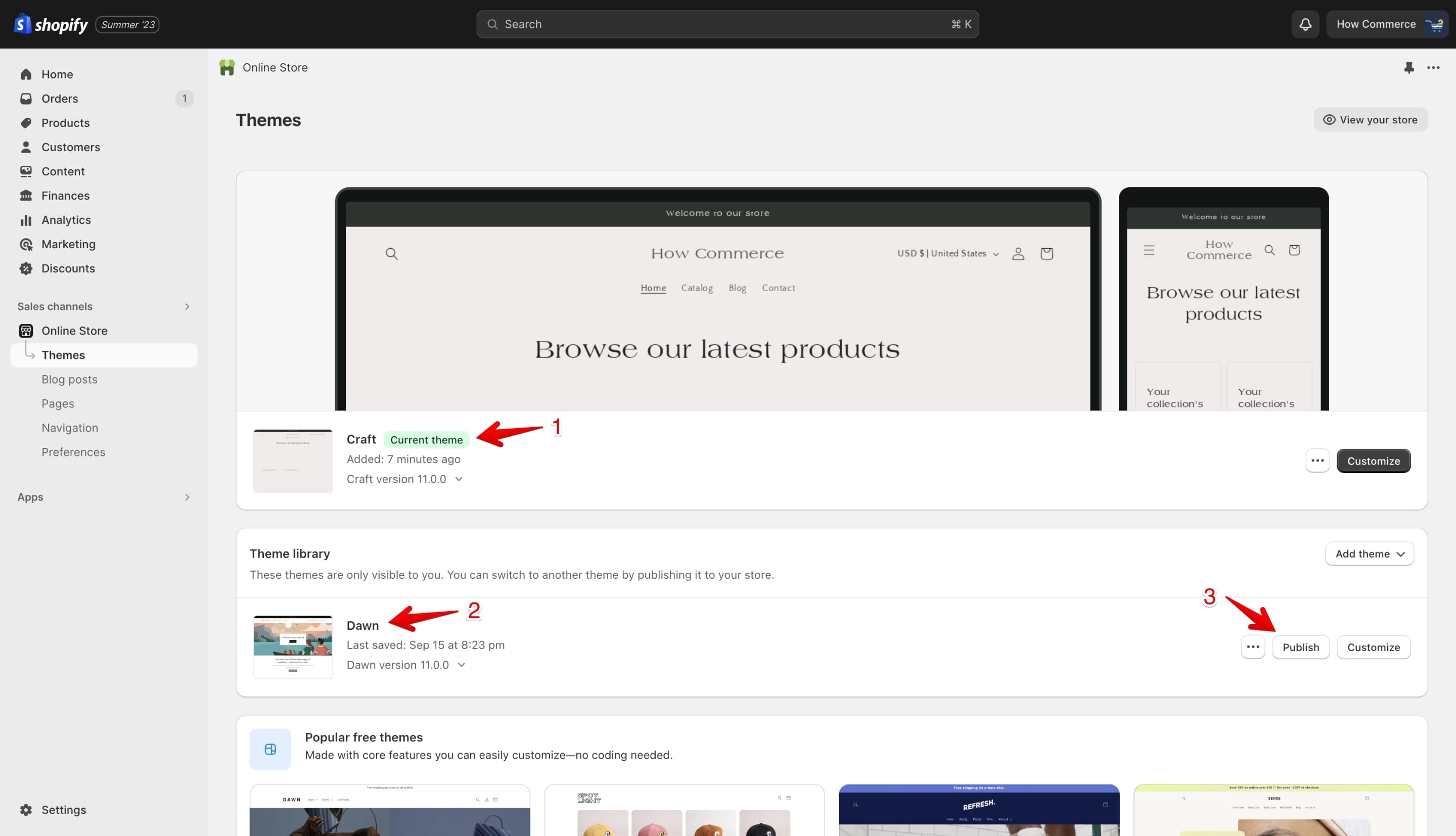 Craft theme published and marked as current theme, previous theme moved to Theme library
