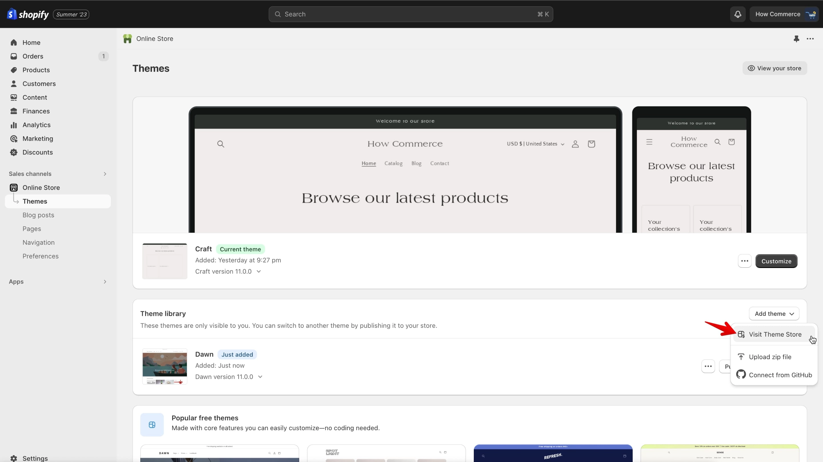 Visit Theme Store link in Shopify admin to access the theme store while logged in