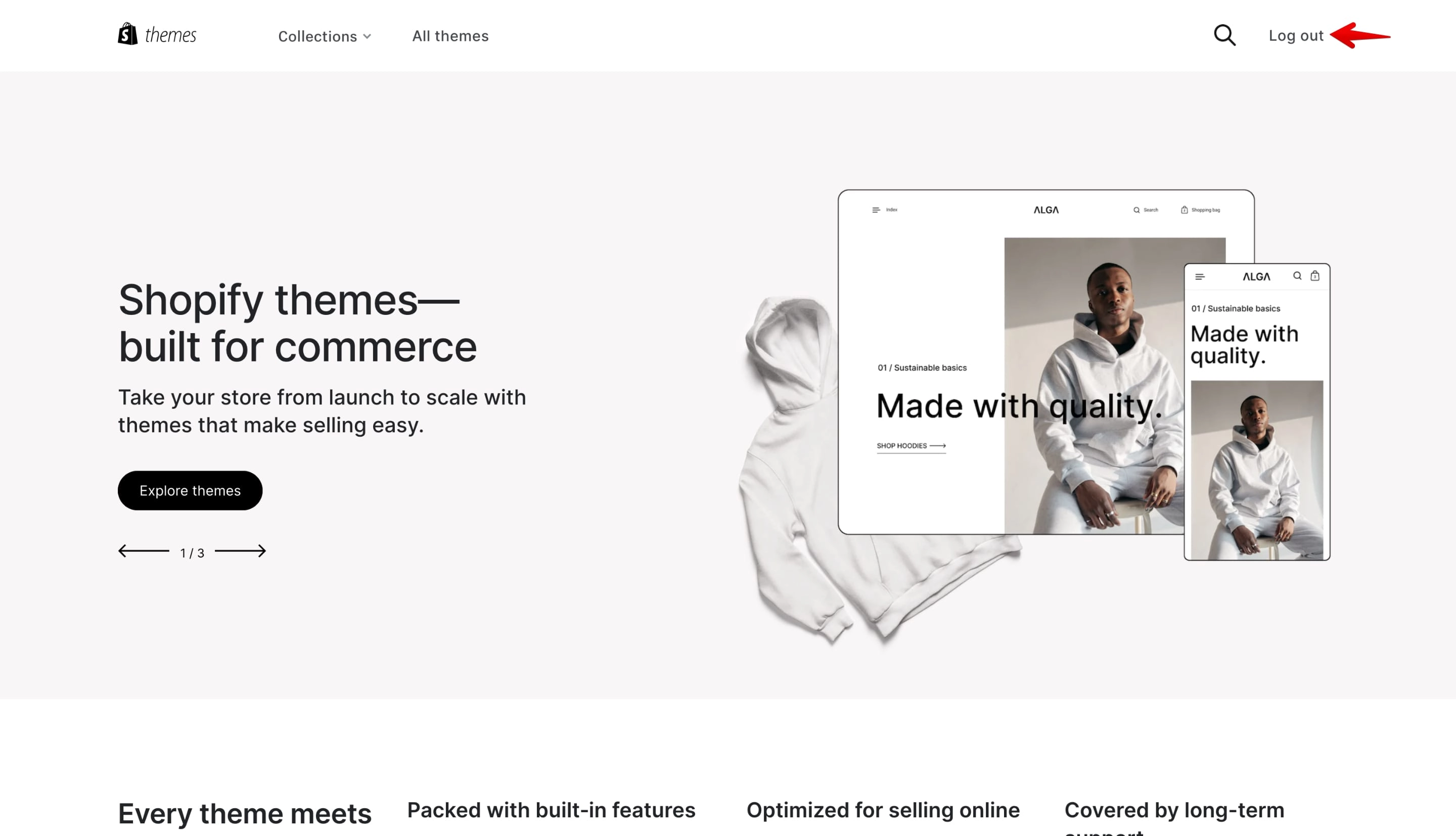 Shopify theme store homepage showing logged in session with Log out button visible
