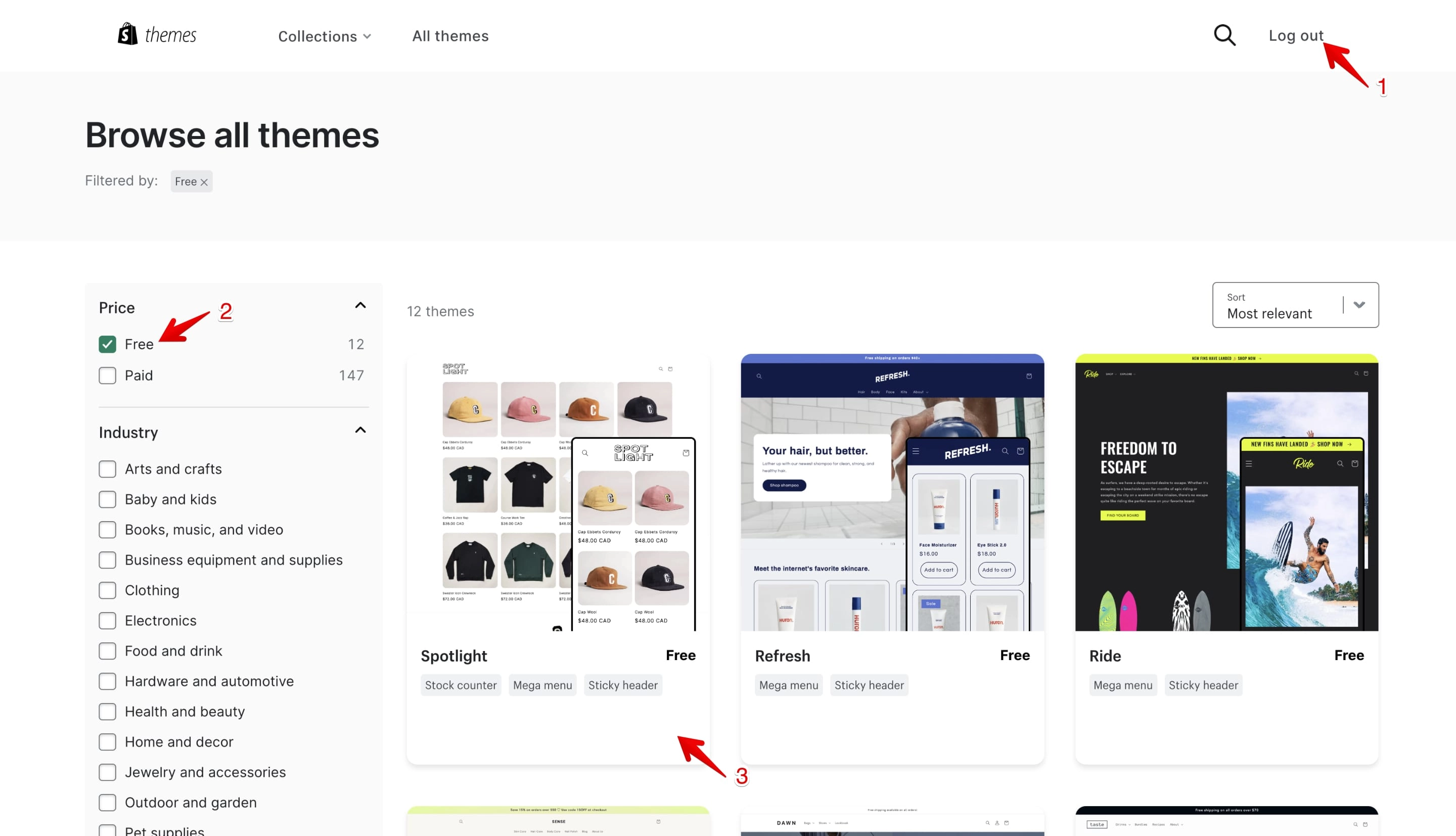 Shopify theme store showing theme filters and Free theme selection option