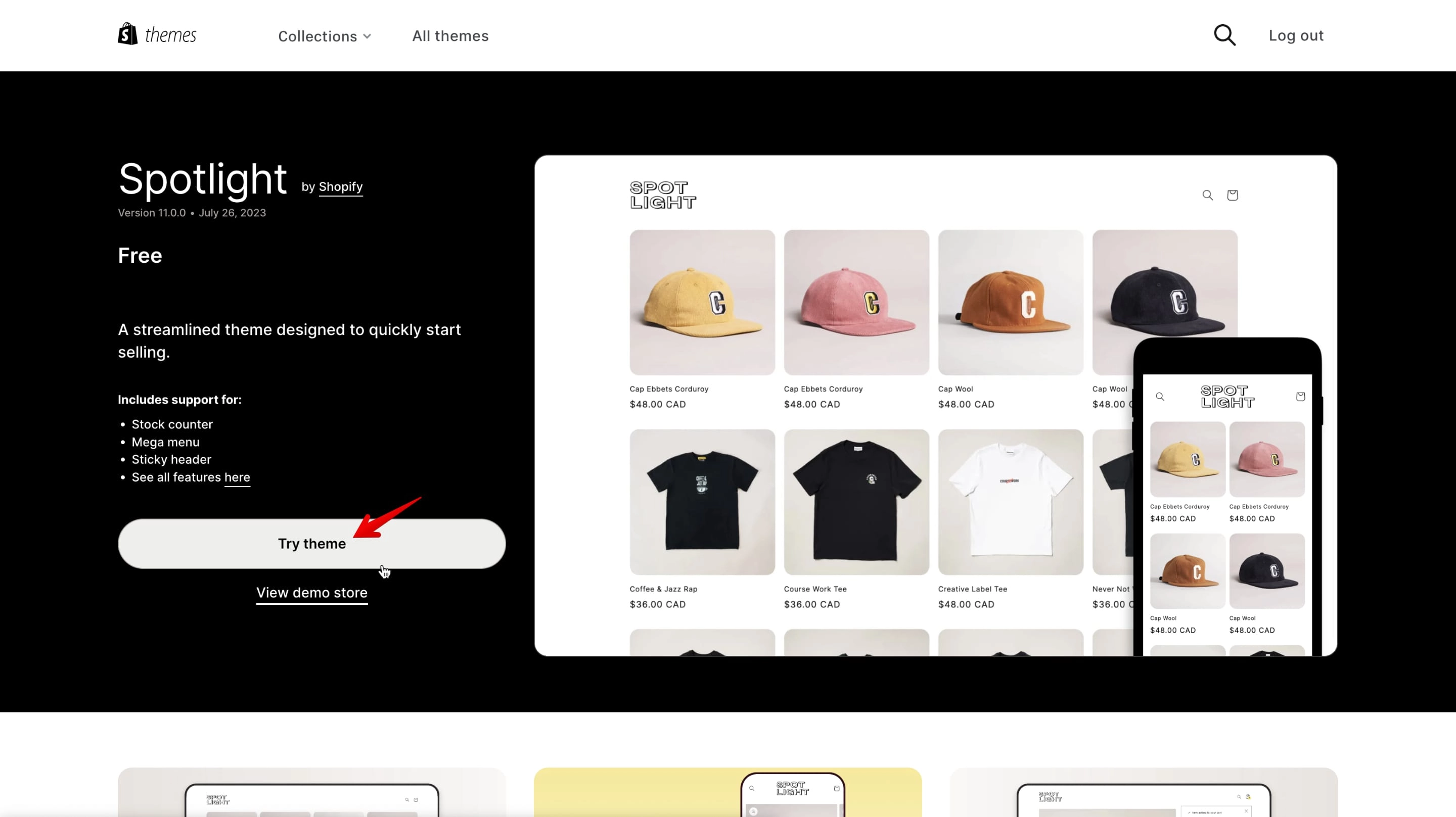 Shopify theme store showing Spotlight theme details with Try theme button
