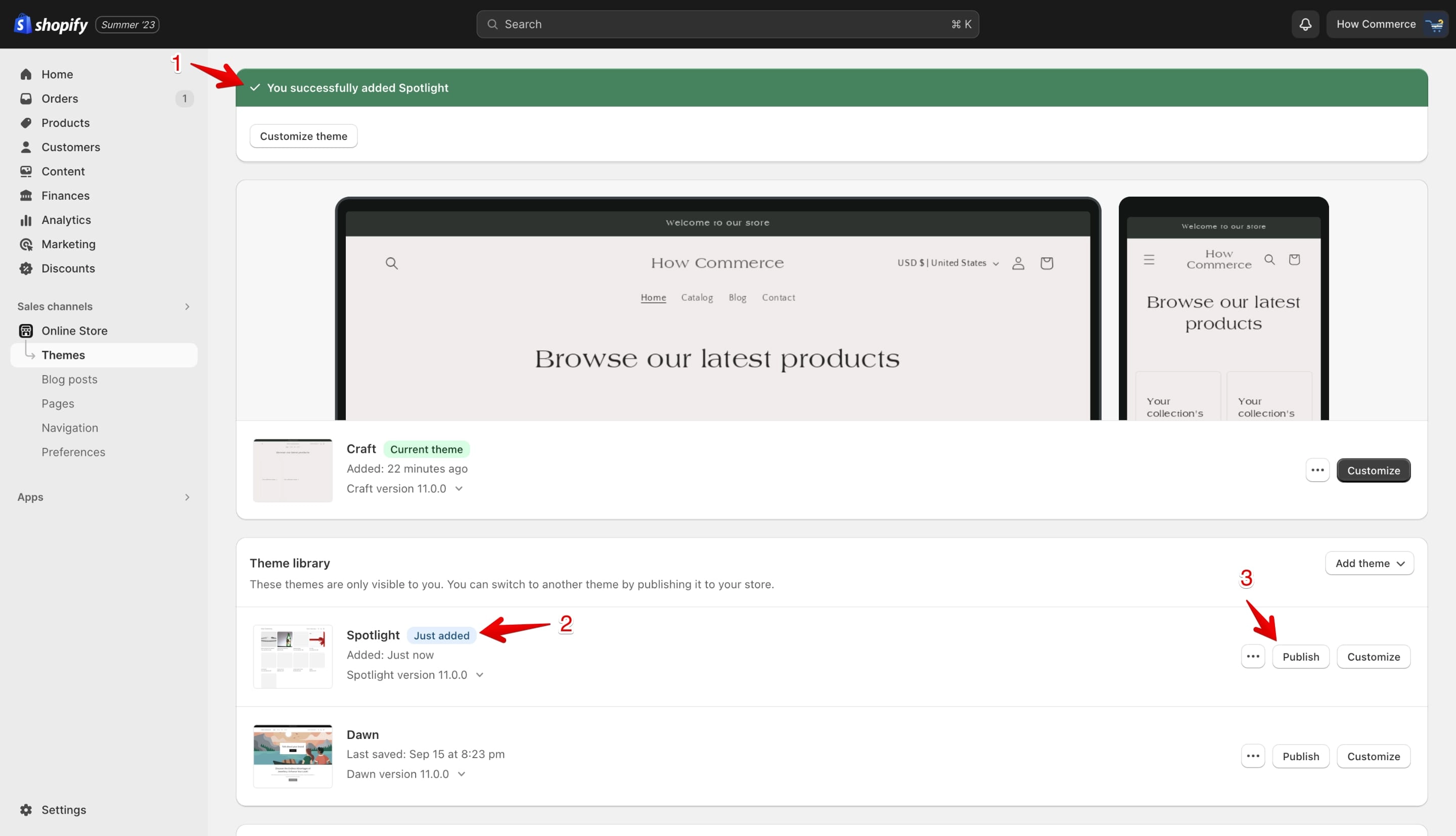 Spotlight theme successfully added to Theme library with Customize and Publish buttons