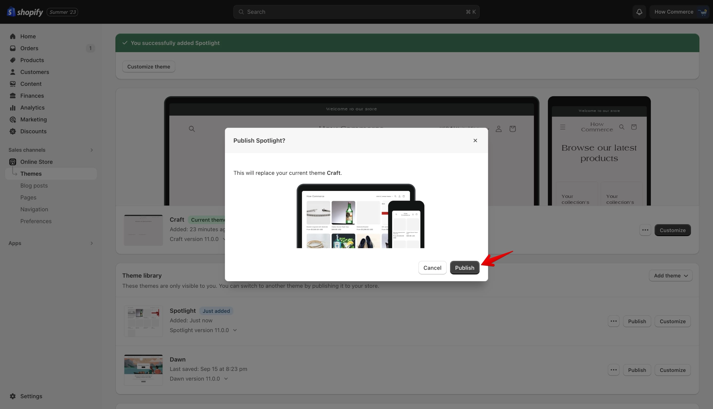 Publish theme confirmation popup for Spotlight theme from the theme store