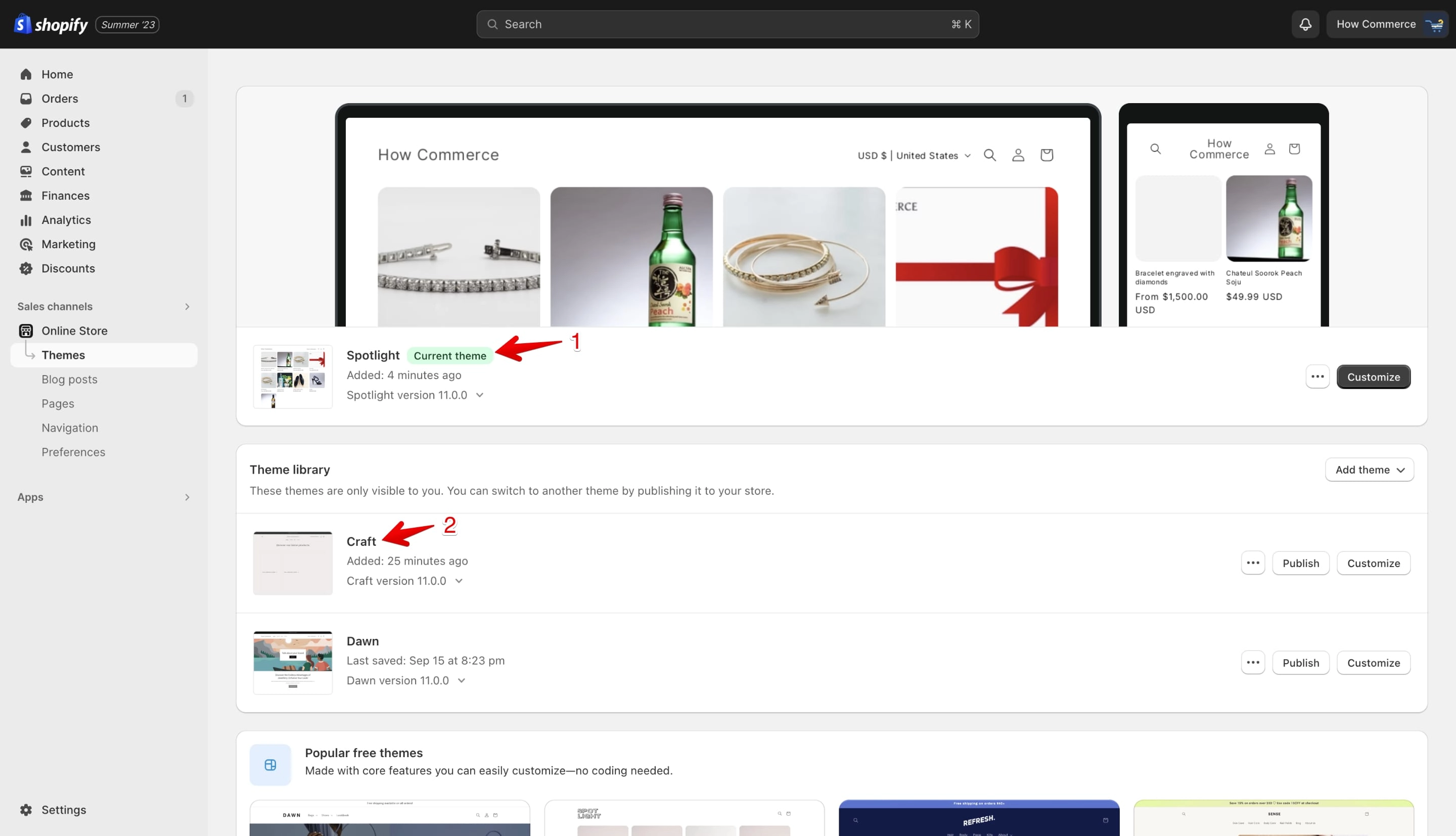 Spotlight theme published and marked as current theme, previous theme in Theme library