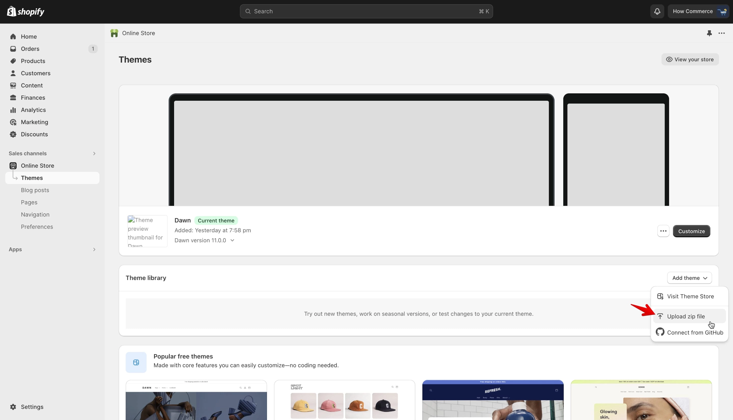 Shopify Themes page showing Add theme button and Upload zip file option