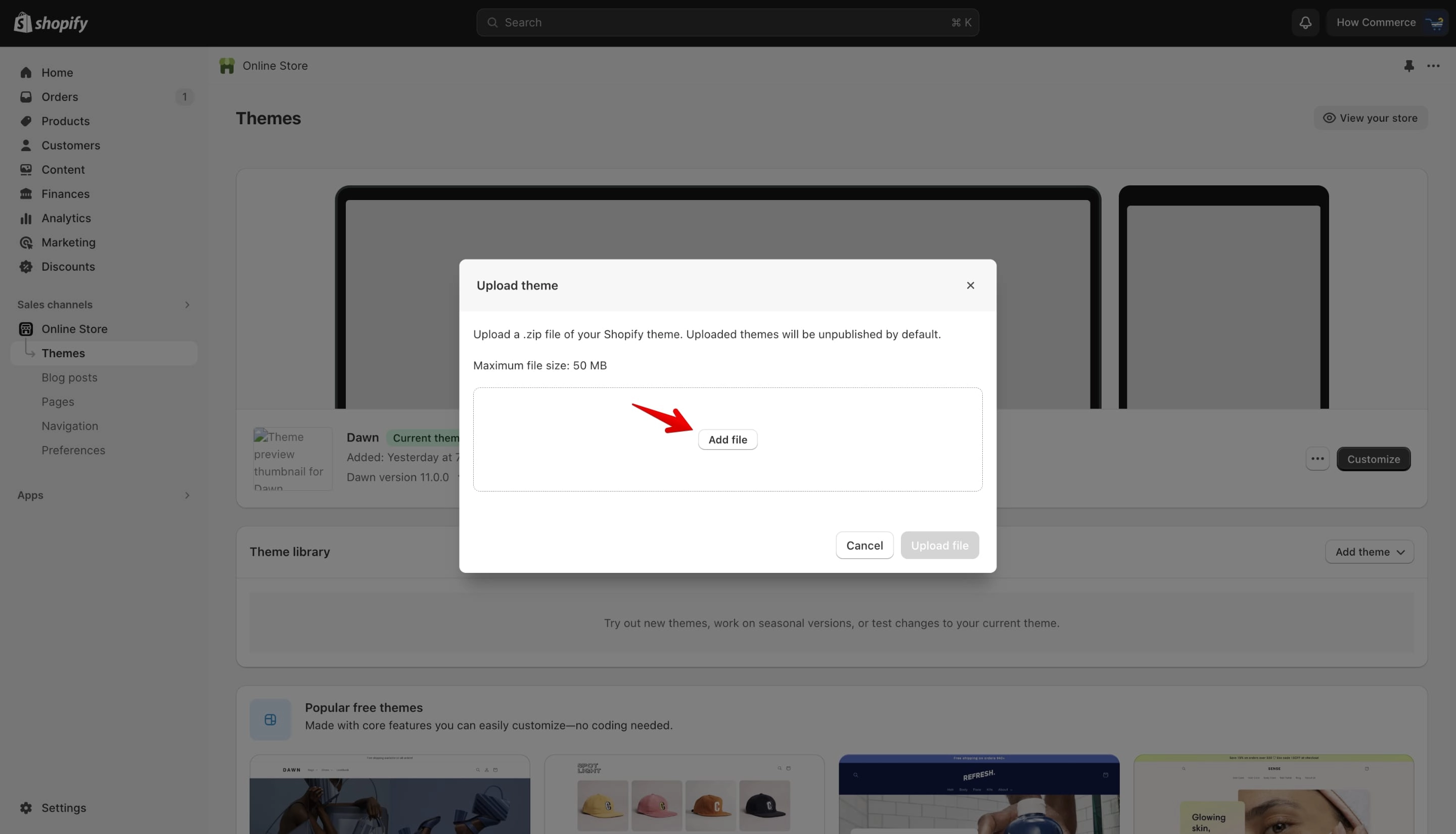 Upload theme popup with Add file button to select a ZIP file