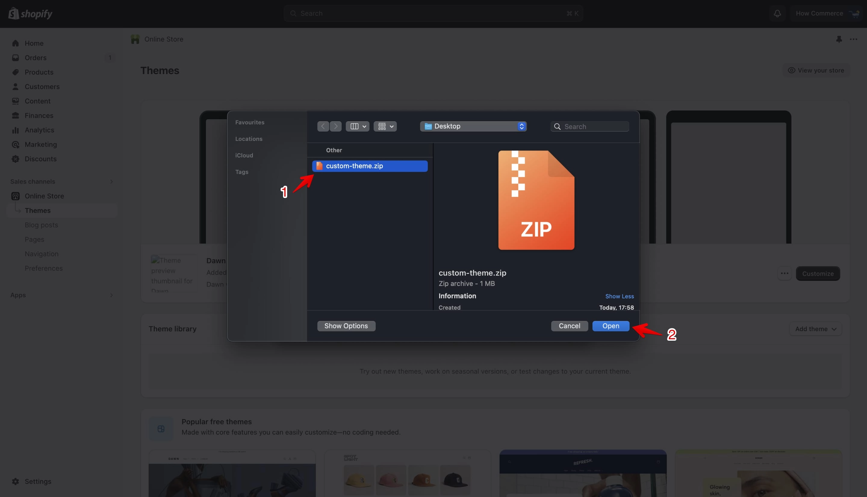 File selection dialog for choosing a theme ZIP file from local computer