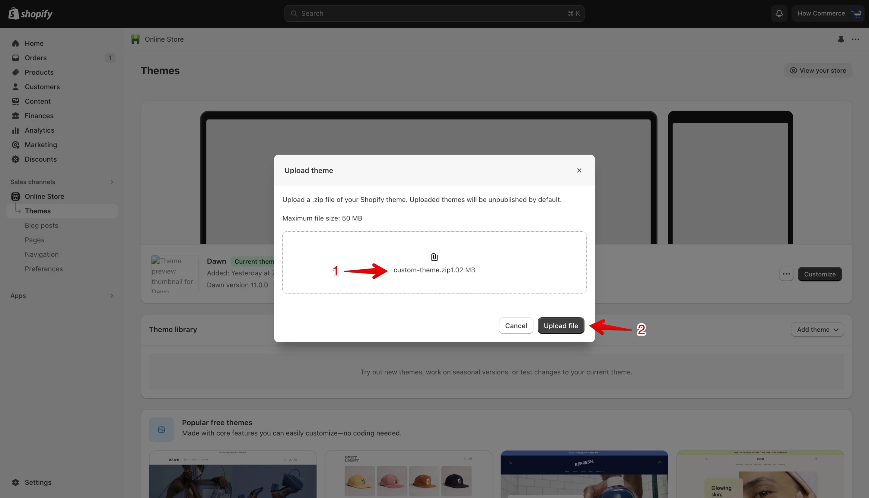 Upload theme popup showing selected theme file with Upload file button