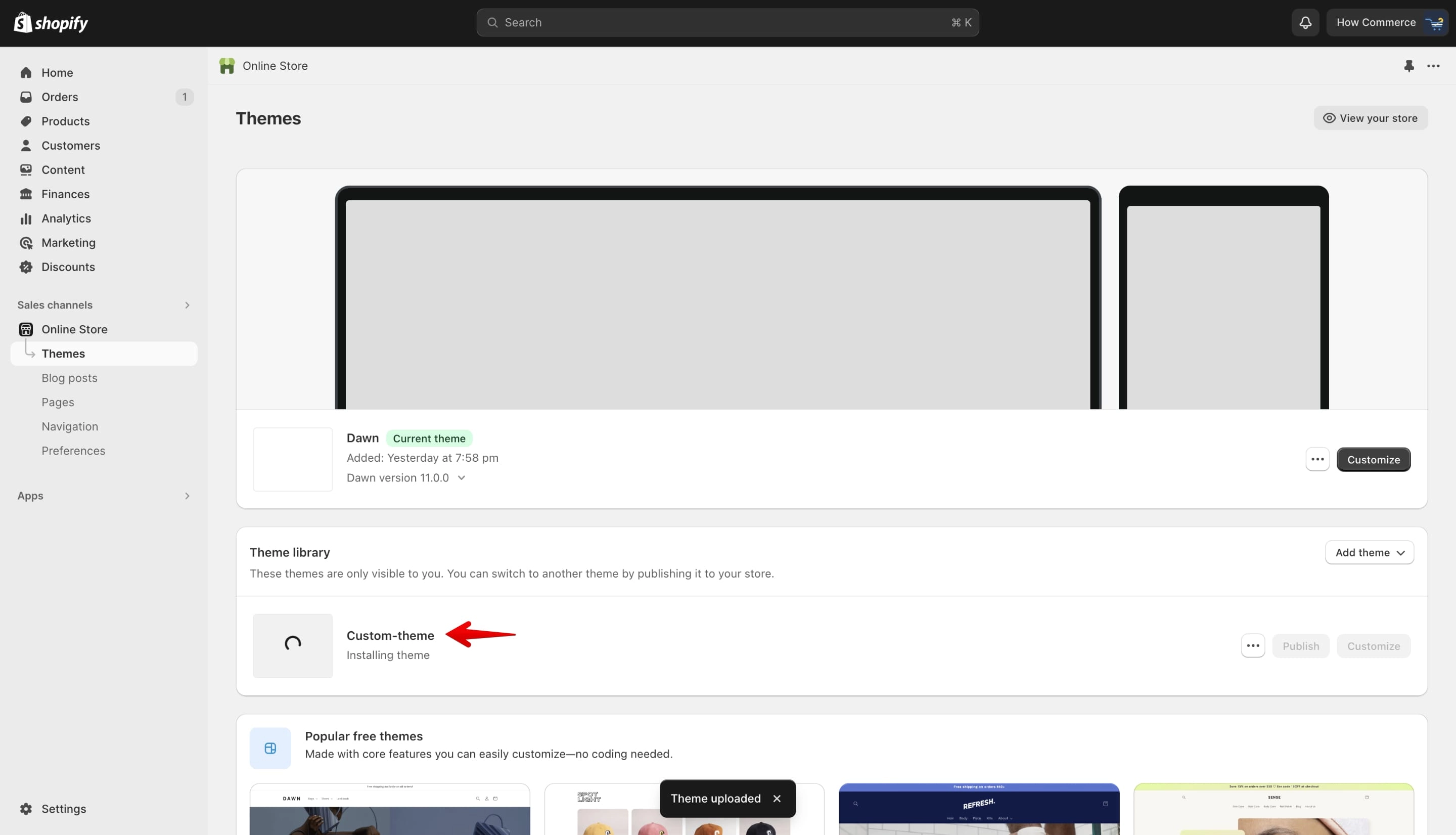 Custom theme installation in progress in Shopify Theme library