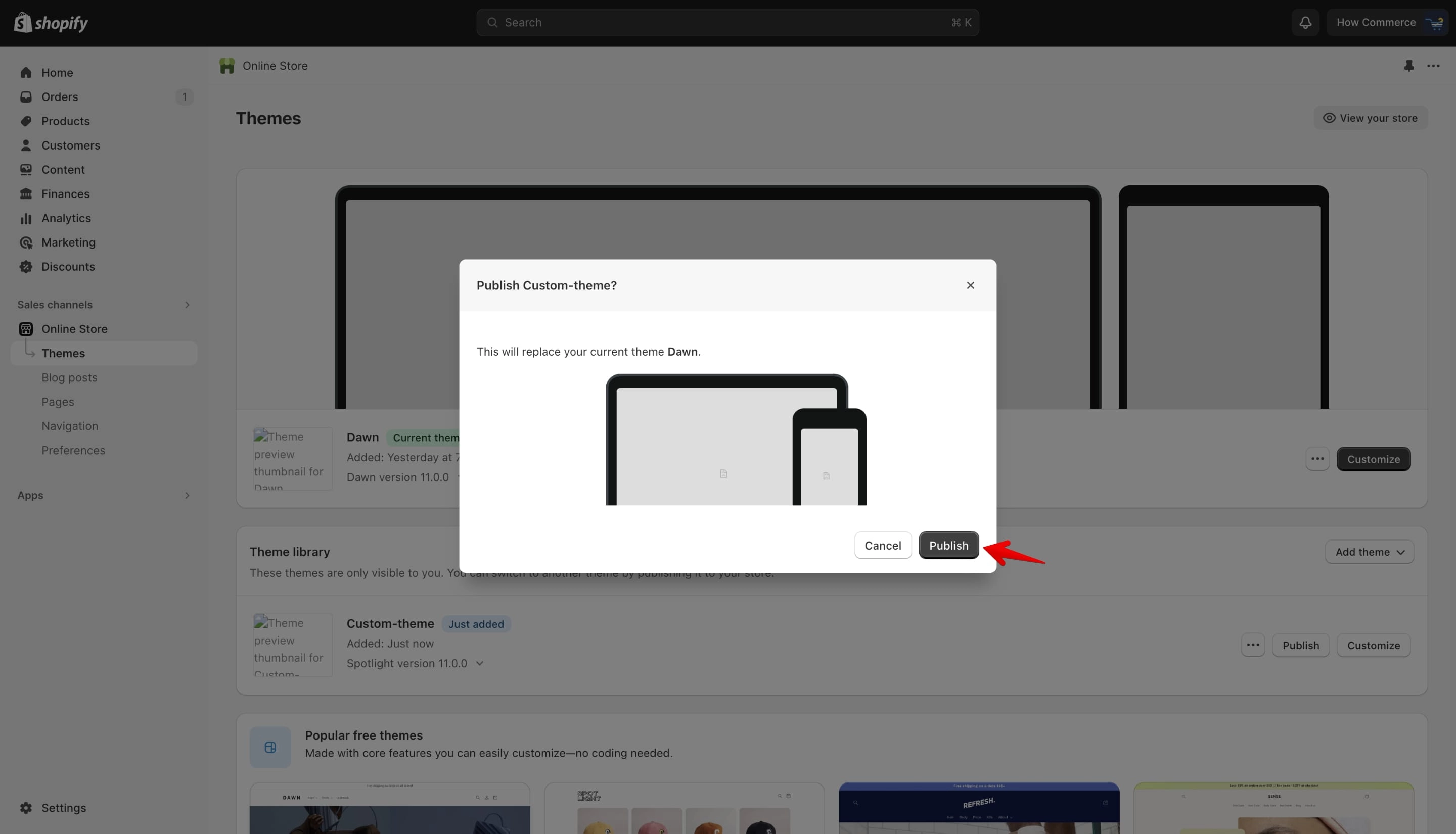 Publish custom theme confirmation popup asking to confirm publishing to live