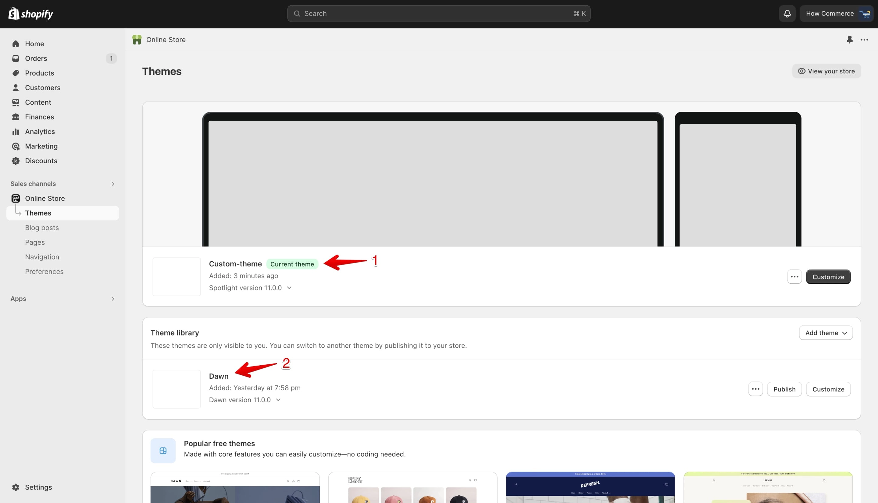 Custom theme published and marked as current theme, previous theme in Theme library