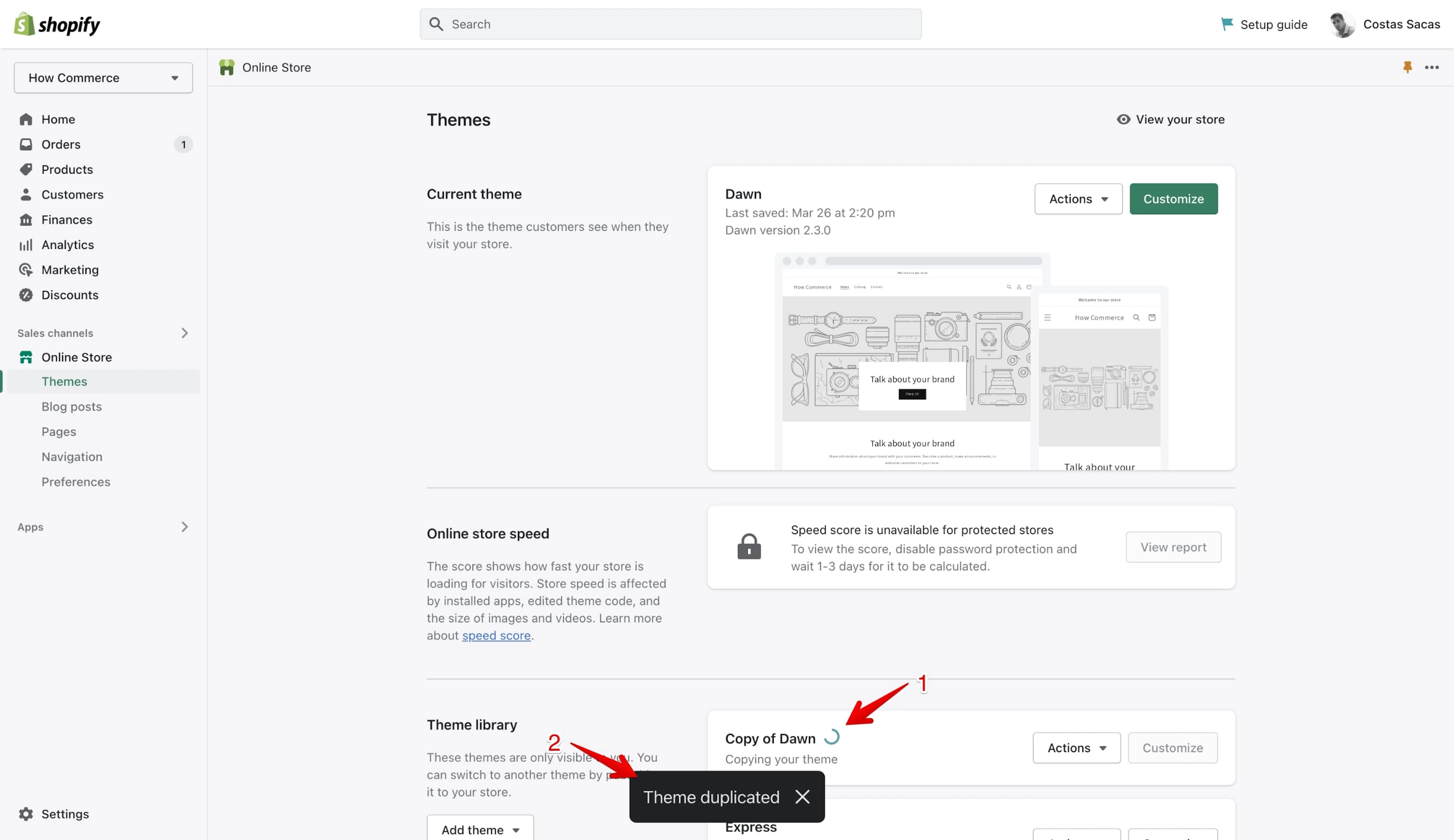Dawn theme duplication in Shopify