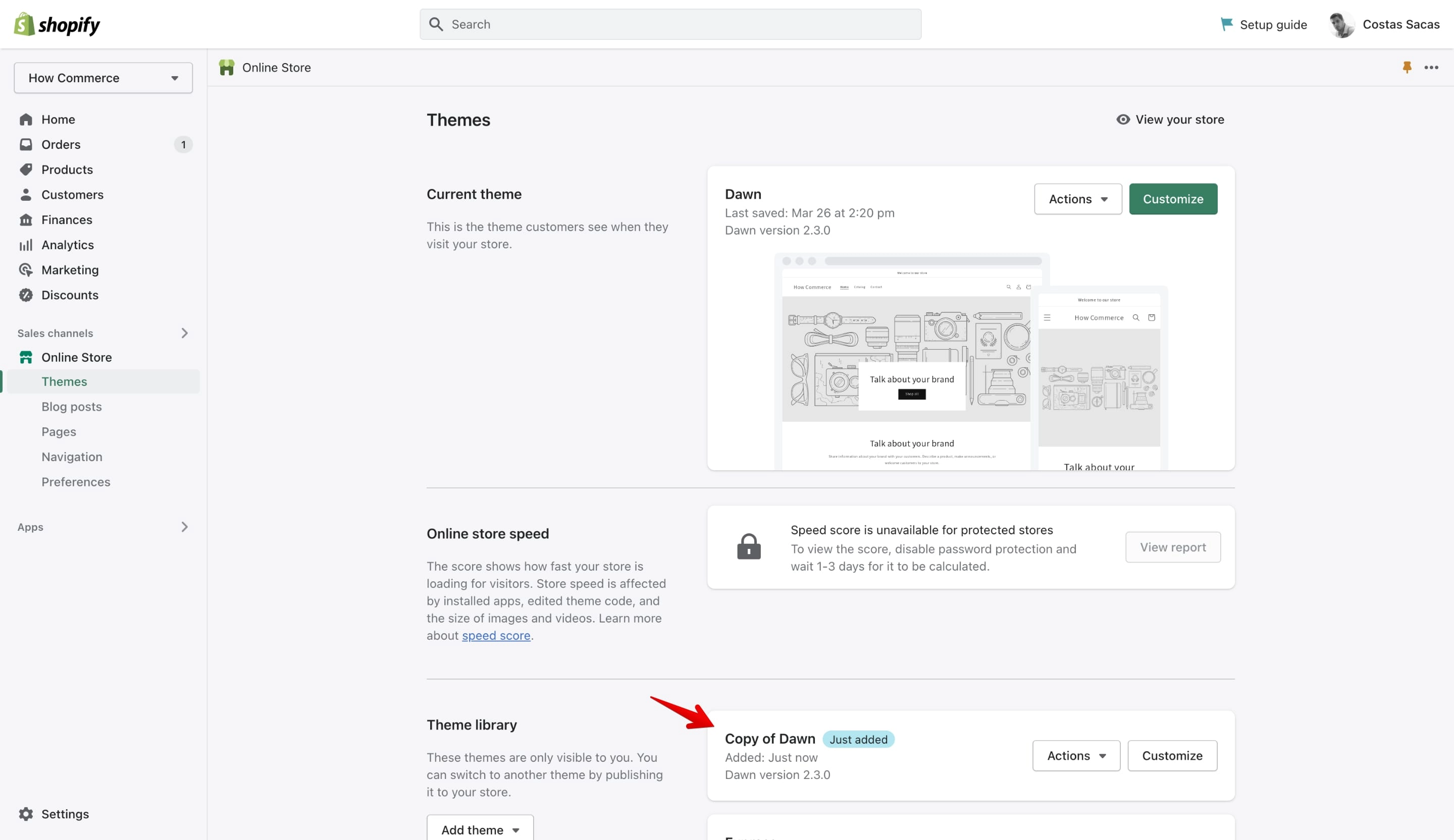 Dawn theme duplicated in Shopify