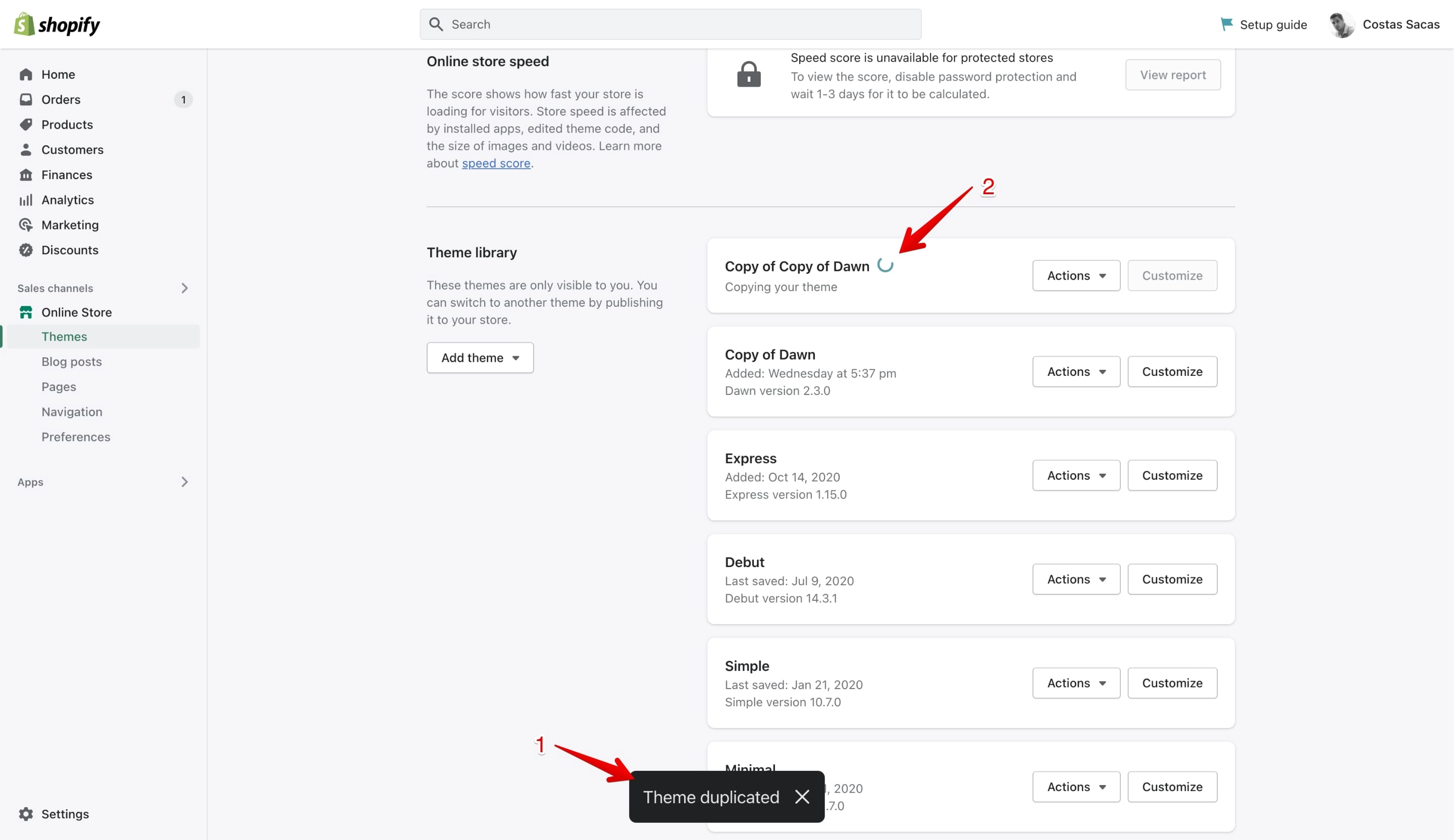 Duplication process of the Dawn theme duplicate in Shopify
